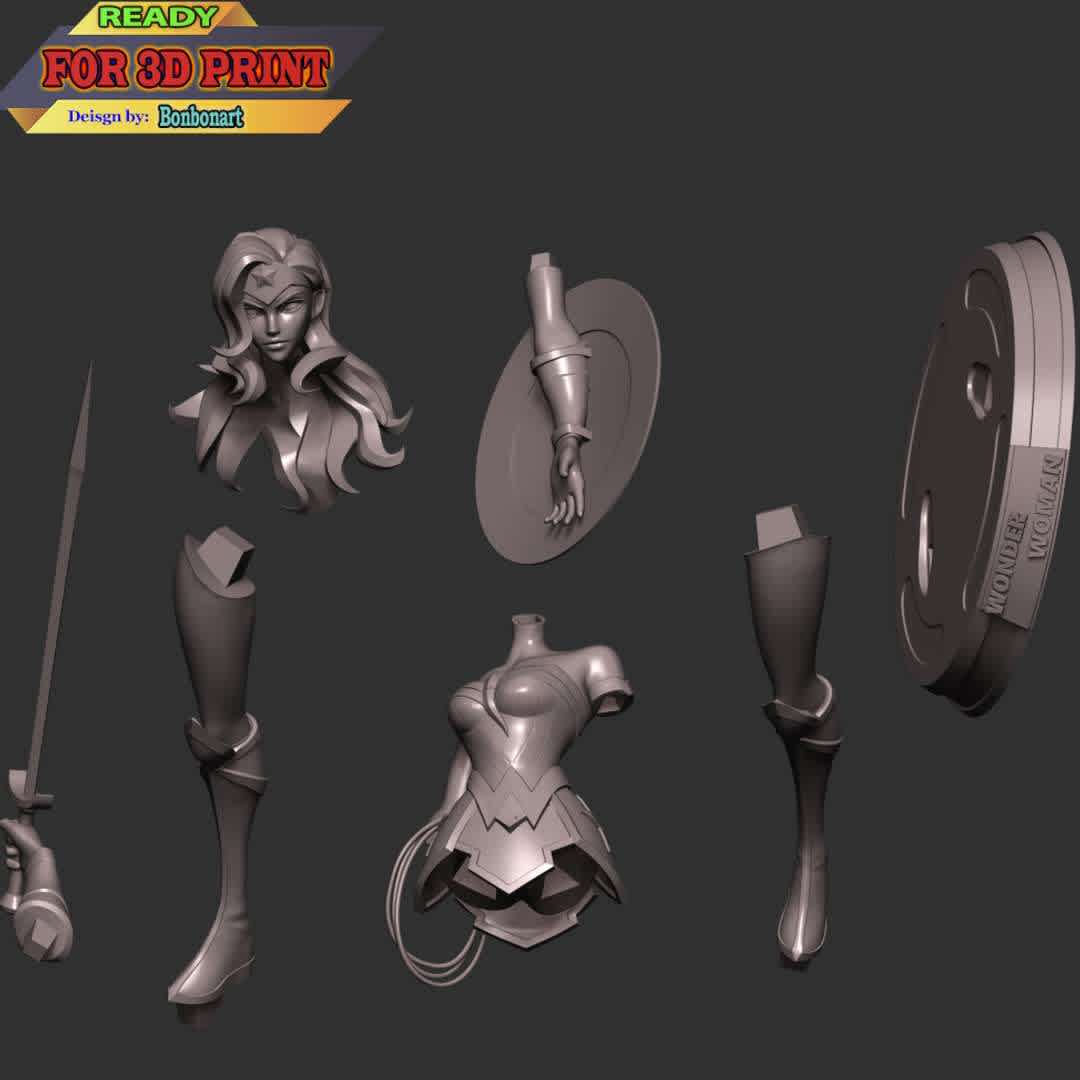 Wonder Woman - DC World Collide - This model has a height of 15 cm.

When you purchase this model, you will own:

- STL, OBJ file with 07 separated files (included key to connect parts) is ready for 3D printing.
- Zbrush original files (ZTL) for you to customize as you like.

This is version 1.0 of this model.
Thanks for viewing! Hope you like her. - Los mejores archivos para impresión 3D del mundo. Modelos Stl divididos en partes para facilitar la impresión 3D. Todo tipo de personajes, decoración, cosplay, prótesis, piezas. Calidad en impresión 3D. Modelos 3D asequibles. Bajo costo. Compras colectivas de archivos 3D.