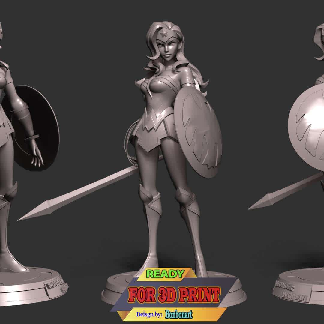 Wonder Woman - DC World Collide - This model has a height of 15 cm.

When you purchase this model, you will own:

- STL, OBJ file with 07 separated files (included key to connect parts) is ready for 3D printing.
- Zbrush original files (ZTL) for you to customize as you like.

This is version 1.0 of this model.
Thanks for viewing! Hope you like her. - Los mejores archivos para impresión 3D del mundo. Modelos Stl divididos en partes para facilitar la impresión 3D. Todo tipo de personajes, decoración, cosplay, prótesis, piezas. Calidad en impresión 3D. Modelos 3D asequibles. Bajo costo. Compras colectivas de archivos 3D.