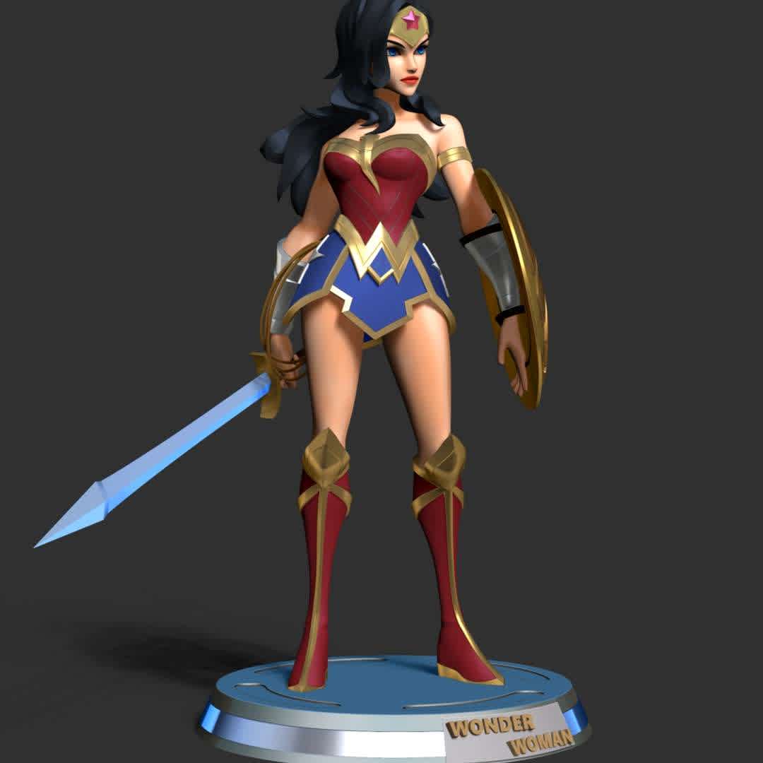 Wonder Woman - DC World Collide - This model has a height of 15 cm.

When you purchase this model, you will own:

- STL, OBJ file with 07 separated files (included key to connect parts) is ready for 3D printing.
- Zbrush original files (ZTL) for you to customize as you like.

This is version 1.0 of this model.
Thanks for viewing! Hope you like her. - The best files for 3D printing in the world. Stl models divided into parts to facilitate 3D printing. All kinds of characters, decoration, cosplay, prosthetics, pieces. Quality in 3D printing. Affordable 3D models. Low cost. Collective purchases of 3D files.