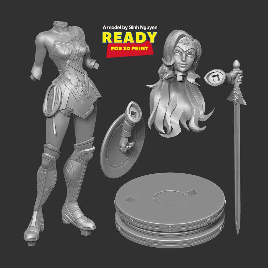 Wonder Woman - MultiVersus Fanart - "Diana of Themyscira, also known as Wonder Woman, is a Fighter from the DC Universe in MultiVersus."

Basic parameters:

- STL, OBJ format for 3D printing with 05 discrete objects
- ZTL format for Zbrush (version 2019.1.2 or later)
- Model height: 20cm
- Version 1.0 - Polygons: 2169642 & Vertices: 1167348

Model ready for 3D printing.

Please vote positively for me if you find this model useful. - Os melhores arquivos para impressão 3D do mundo. Modelos stl divididos em partes para facilitar a impressão 3D. Todos os tipos de personagens, decoração, cosplay, próteses, peças. Qualidade na impressão 3D. Modelos 3D com preço acessível. Baixo custo. Compras coletivas de arquivos 3D.