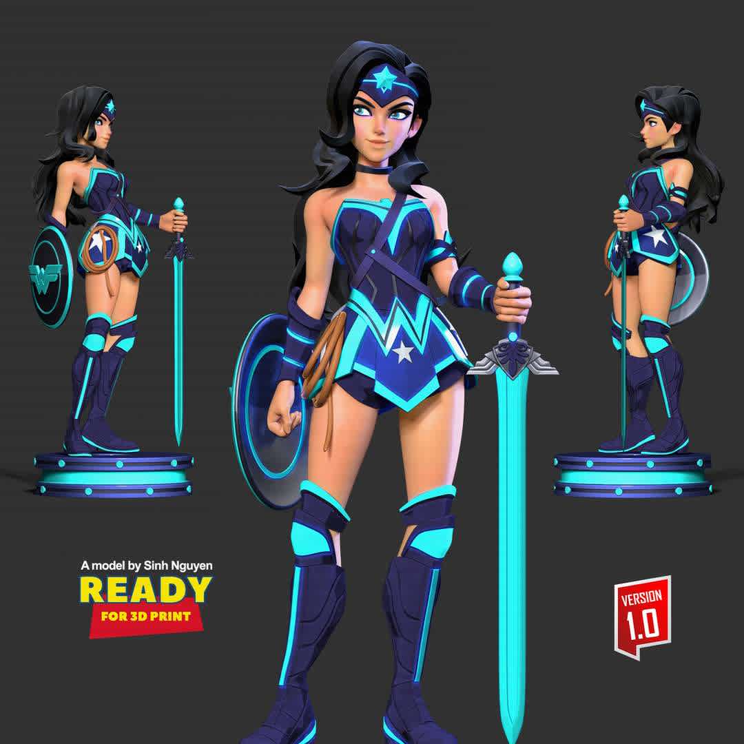 Wonder Woman - MultiVersus Fanart - "Diana of Themyscira, also known as Wonder Woman, is a Fighter from the DC Universe in MultiVersus."

Basic parameters:

- STL, OBJ format for 3D printing with 05 discrete objects
- ZTL format for Zbrush (version 2019.1.2 or later)
- Model height: 20cm
- Version 1.0 - Polygons: 2169642 & Vertices: 1167348

Model ready for 3D printing.

Please vote positively for me if you find this model useful. - The best files for 3D printing in the world. Stl models divided into parts to facilitate 3D printing. All kinds of characters, decoration, cosplay, prosthetics, pieces. Quality in 3D printing. Affordable 3D models. Low cost. Collective purchases of 3D files.