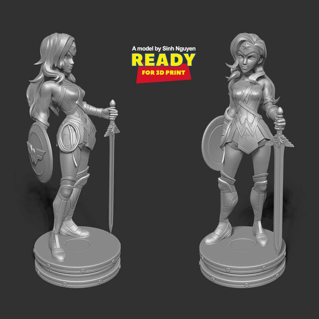 Wonder Woman - MultiVersus Fanart - "Diana of Themyscira, also known as Wonder Woman, is a Fighter from the DC Universe in MultiVersus."

Basic parameters:

- STL, OBJ format for 3D printing with 05 discrete objects
- ZTL format for Zbrush (version 2019.1.2 or later)
- Model height: 20cm
- Version 1.0 - Polygons: 2169642 & Vertices: 1167348

Model ready for 3D printing.

Please vote positively for me if you find this model useful. - The best files for 3D printing in the world. Stl models divided into parts to facilitate 3D printing. All kinds of characters, decoration, cosplay, prosthetics, pieces. Quality in 3D printing. Affordable 3D models. Low cost. Collective purchases of 3D files.