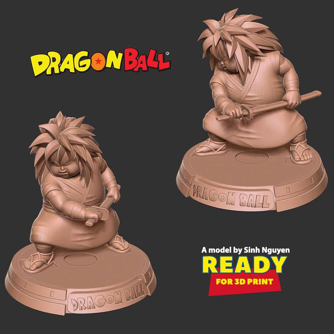 Yajirobe - Dragon Ball Fanart - Yajirobe is an overweight but sarcastic samurai in the Dragon Ball series.

Basic parameters:

- STL, OBJ format for 3D printing with 04 discrete objects
- ZTL format for Zbrush (version 2019.1.2 or later)
- Model height: 20cm
- Version 1.0 - Polygons: 1962965 & Vertices: 1032786

Model ready for 3D printing.

Please vote positively for me if you find this model useful. - The best files for 3D printing in the world. Stl models divided into parts to facilitate 3D printing. All kinds of characters, decoration, cosplay, prosthetics, pieces. Quality in 3D printing. Affordable 3D models. Low cost. Collective purchases of 3D files.