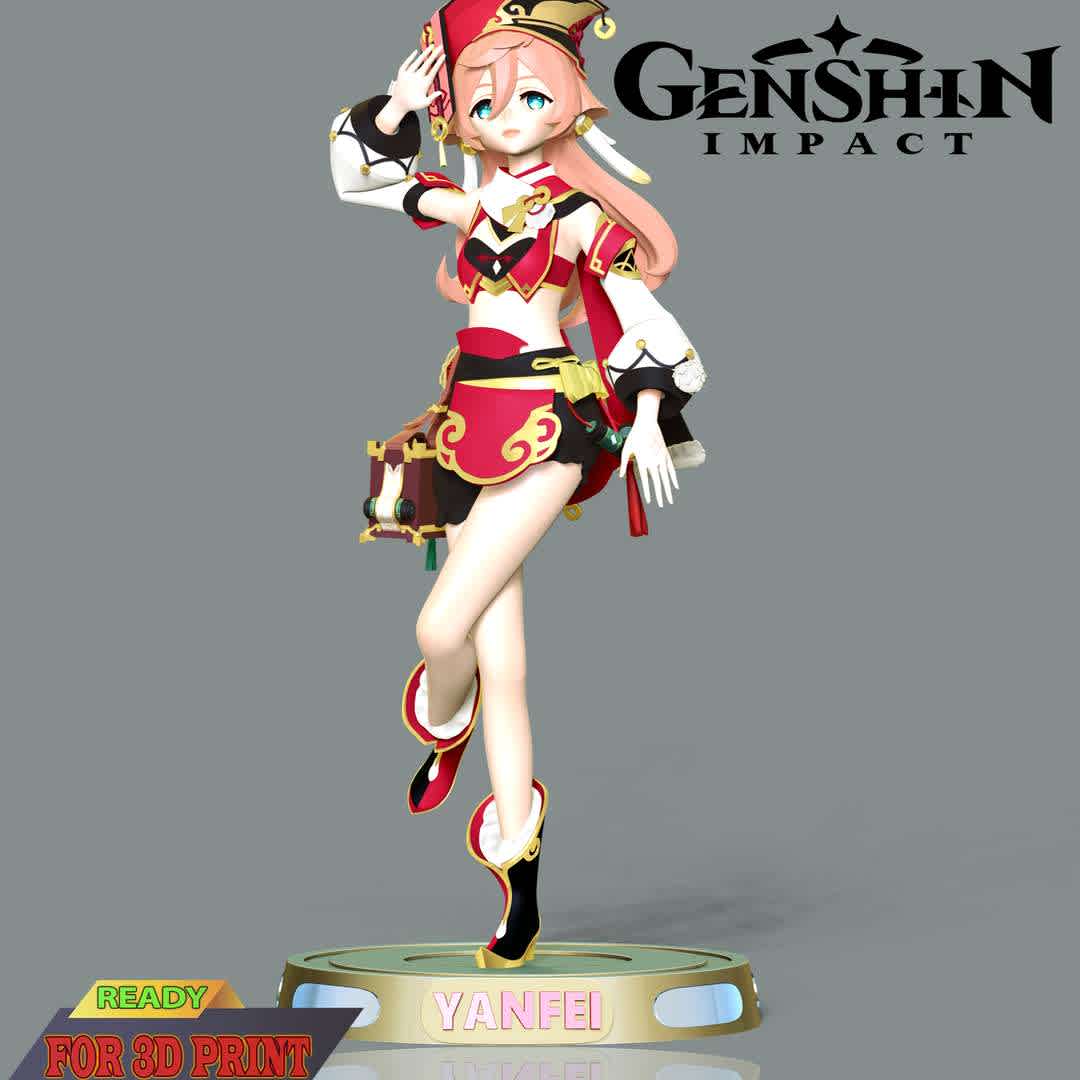 Yanfei - Genshin Impact - Yanfei is a playable Pyro character in Genshin Impact. She is the child of an adeptus father and human mother. After she grew up, her parents left to go on an adventure, placing her in the care of Madame Ping. She resides in Liyue, serving as a legal advisor for its people.

This model has a height of 20 cm.

When you purchase this model, you will own:

- STL, OBJ file with 08 separated files (included key to connect parts) is ready for 3D printing.
- Zbrush original files (ZTL) for you to customize as you like.

This is version 1.0 of this model.
Thanks for viewing! Hope you like her. - Los mejores archivos para impresión 3D del mundo. Modelos Stl divididos en partes para facilitar la impresión 3D. Todo tipo de personajes, decoración, cosplay, prótesis, piezas. Calidad en impresión 3D. Modelos 3D asequibles. Bajo costo. Compras colectivas de archivos 3D.