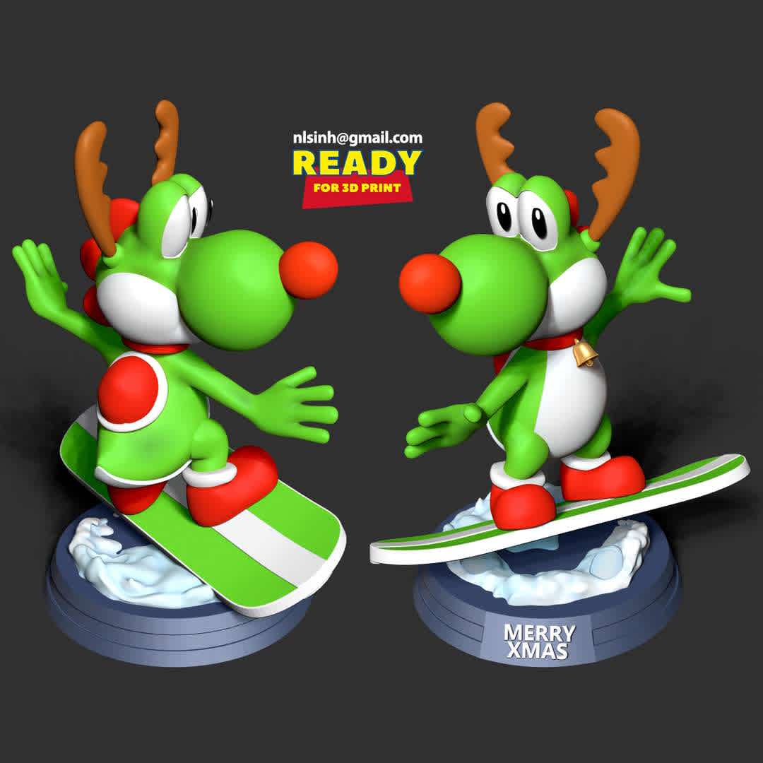 Yoshi with Christmas - Yoshi: Merry Christmas! Please stay at home to stay healthy this holiday!

When you purchase this model, you will own:

- STL, OBJ file with 07 separated files (with key to connect together) is ready for 3D printing.

- Zbrush original files (ZTL) for you to customize as you like.

This is version 1.0 of this model.

Thanks for viewing! Hope you like him. - The best files for 3D printing in the world. Stl models divided into parts to facilitate 3D printing. All kinds of characters, decoration, cosplay, prosthetics, pieces. Quality in 3D printing. Affordable 3D models. Low cost. Collective purchases of 3D files.