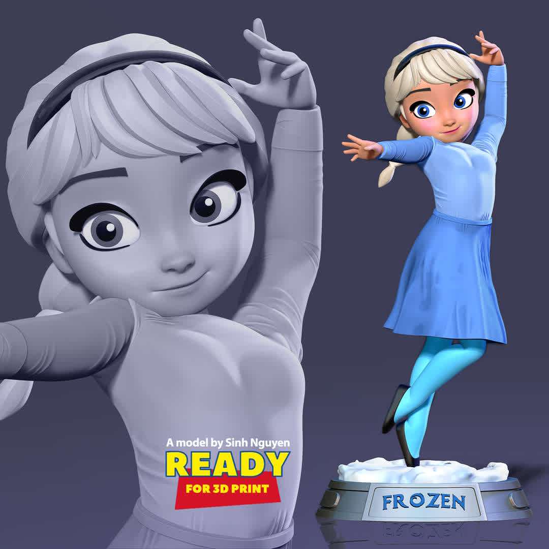 Young Elsa - Young Elsa: Welcome to this winter!

Basic parameters:

- STL, OBJ format for 3D printing with 5 discrete objects
- ZTL format for Zbrush (version 2019.1.2 or later)
- Model height: 20cm
- Version 1.0 - Polygons: 1805859 & Vertices: 1170050

Model ready for 3D printing.

Hope you like him. Thanks for viewing! - The best files for 3D printing in the world. Stl models divided into parts to facilitate 3D printing. All kinds of characters, decoration, cosplay, prosthetics, pieces. Quality in 3D printing. Affordable 3D models. Low cost. Collective purchases of 3D files.