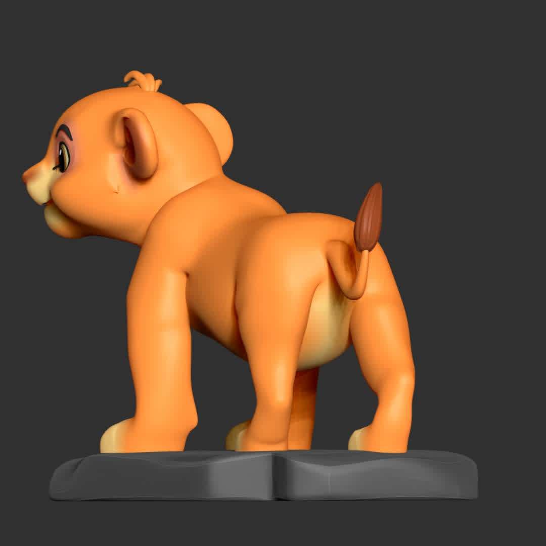 Young Simba  - Simba is the main character of Disney's The Lion King franchise.

This model is for fans of the Lion King cartoon.

Basic parameters:

- STL, OBJ format for 3D printing with 02 discrete objects
- ZTL format for Zbrush (version 2019.1.2 or later)
- Model height: 15cm
- Version - Polygon: 1366365 & Vertices: 1007529

+ 31th July, 2020: version 1.0

+ 28th March, 2023: version 1.1 - Merge the top and tail hair into the character's body to form an object.

Model ready for 3D printing.

Please vote positively for me if you find this model useful. - The best files for 3D printing in the world. Stl models divided into parts to facilitate 3D printing. All kinds of characters, decoration, cosplay, prosthetics, pieces. Quality in 3D printing. Affordable 3D models. Low cost. Collective purchases of 3D files.