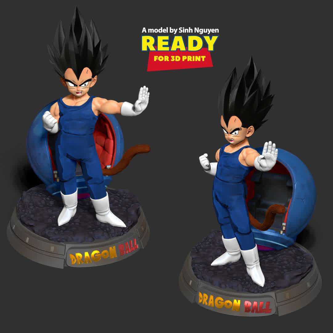 Young Vegeta  - Young Vegeta appears in Dragonball Z Kakarot.

Basic parameters:

- STL, OBJ format for 3D printing with 04 discrete objects
- ZTL format for Zbrush (version 2019.1.2 or later)
- Model height: 25cm
- Version 1.0 - Polygons: 1915686 & Vertices: 1022158

Model ready for 3D printing.

Please vote positively for me if you find this model useful. - The best files for 3D printing in the world. Stl models divided into parts to facilitate 3D printing. All kinds of characters, decoration, cosplay, prosthetics, pieces. Quality in 3D printing. Affordable 3D models. Low cost. Collective purchases of 3D files.