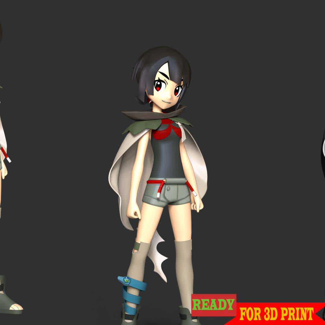 Zinnia - Zinnia is a mysterious Draconid woman and a Pokémon Trainer from Hoenn. She is described as a special person who holds the key to the Delta Episode in Omega Ruby and Alpha Sapphire, on a trip to accomplish her objectives.

These information of this model:

 - Files format: STL, OBJ (included 05 separated files is ready for 3D printing). 
 - Zbrush original file (ZTL) for you to customize as you like.
 - The height is 20 cm
 - The version 1.0. 

The model ready for 3D printing.
Hope you like her.
Don't hesitate to contact me if there are any problems during printing the model - The best files for 3D printing in the world. Stl models divided into parts to facilitate 3D printing. All kinds of characters, decoration, cosplay, prosthetics, pieces. Quality in 3D printing. Affordable 3D models. Low cost. Collective purchases of 3D files.