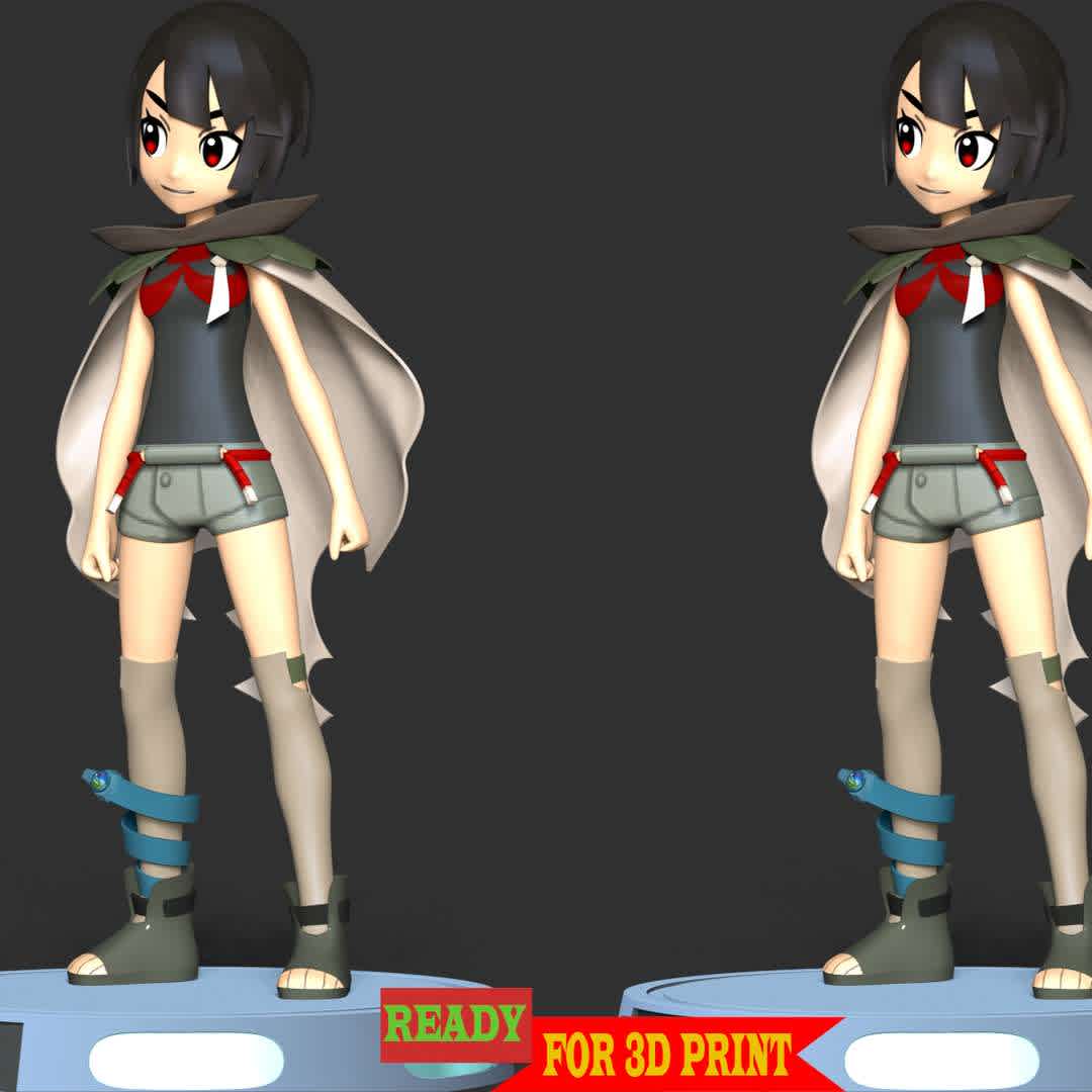 Zinnia - Zinnia is a mysterious Draconid woman and a Pokémon Trainer from Hoenn. She is described as a special person who holds the key to the Delta Episode in Omega Ruby and Alpha Sapphire, on a trip to accomplish her objectives.

These information of this model:

 - Files format: STL, OBJ (included 05 separated files is ready for 3D printing). 
 - Zbrush original file (ZTL) for you to customize as you like.
 - The height is 20 cm
 - The version 1.0. 

The model ready for 3D printing.
Hope you like her.
Don't hesitate to contact me if there are any problems during printing the model - The best files for 3D printing in the world. Stl models divided into parts to facilitate 3D printing. All kinds of characters, decoration, cosplay, prosthetics, pieces. Quality in 3D printing. Affordable 3D models. Low cost. Collective purchases of 3D files.