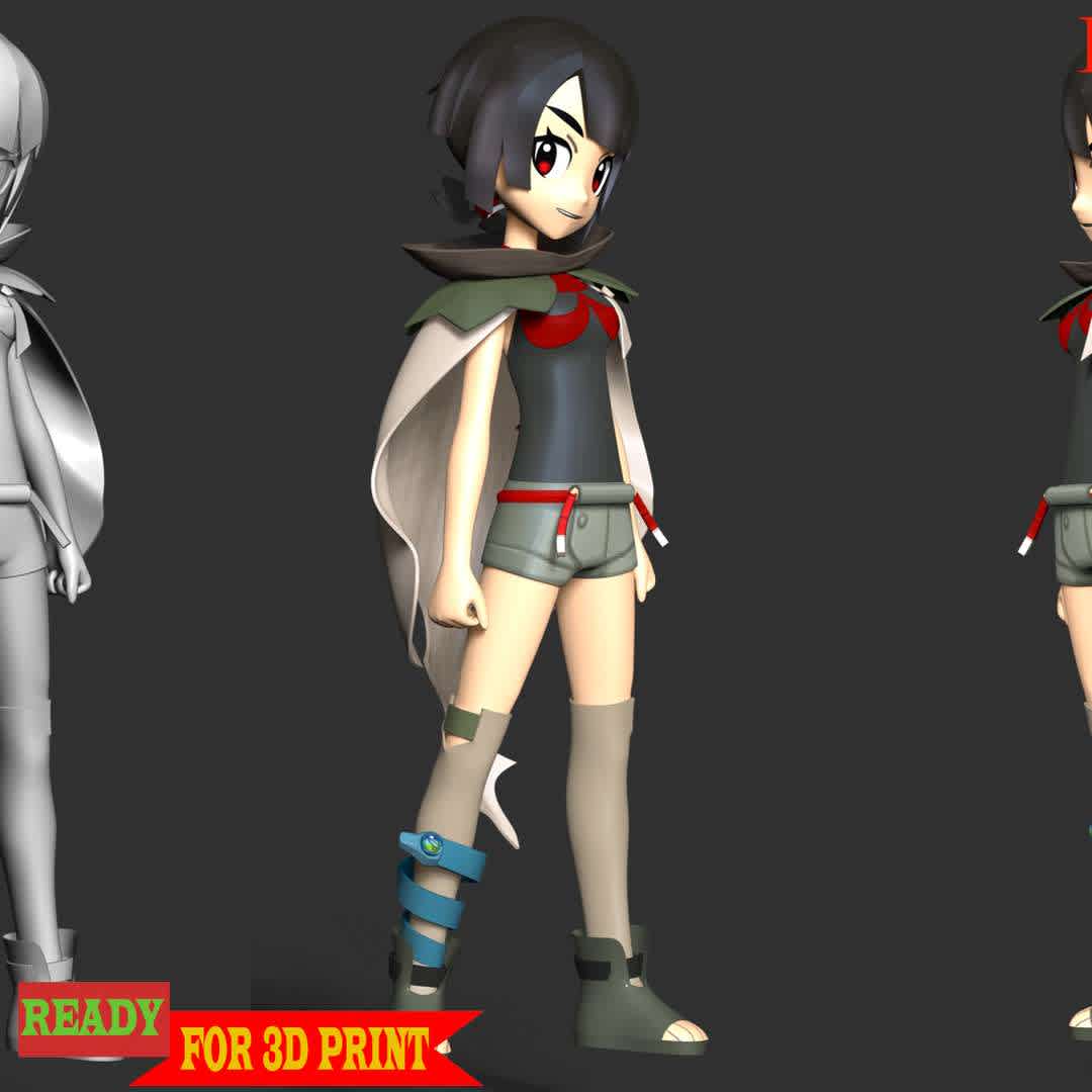 Zinnia - Zinnia is a mysterious Draconid woman and a Pokémon Trainer from Hoenn. She is described as a special person who holds the key to the Delta Episode in Omega Ruby and Alpha Sapphire, on a trip to accomplish her objectives.

These information of this model:

 - Files format: STL, OBJ (included 05 separated files is ready for 3D printing). 
 - Zbrush original file (ZTL) for you to customize as you like.
 - The height is 20 cm
 - The version 1.0. 

The model ready for 3D printing.
Hope you like her.
Don't hesitate to contact me if there are any problems during printing the model - Os melhores arquivos para impressão 3D do mundo. Modelos stl divididos em partes para facilitar a impressão 3D. Todos os tipos de personagens, decoração, cosplay, próteses, peças. Qualidade na impressão 3D. Modelos 3D com preço acessível. Baixo custo. Compras coletivas de arquivos 3D.