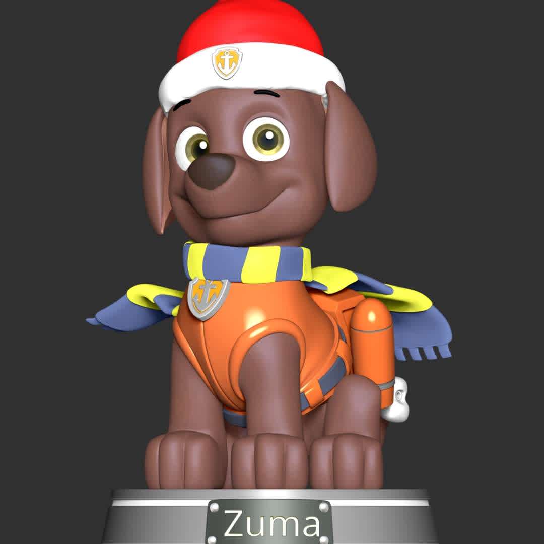 Zuma Christmas - Paw Patrol - These information of model:

**- The height of current model is 20 cm and you can free to scale it.**

**- Format files: STL, OBJ to supporting 3D printing.**

Please don't hesitate to contact me if you have any issues question. - The best files for 3D printing in the world. Stl models divided into parts to facilitate 3D printing. All kinds of characters, decoration, cosplay, prosthetics, pieces. Quality in 3D printing. Affordable 3D models. Low cost. Collective purchases of 3D files.