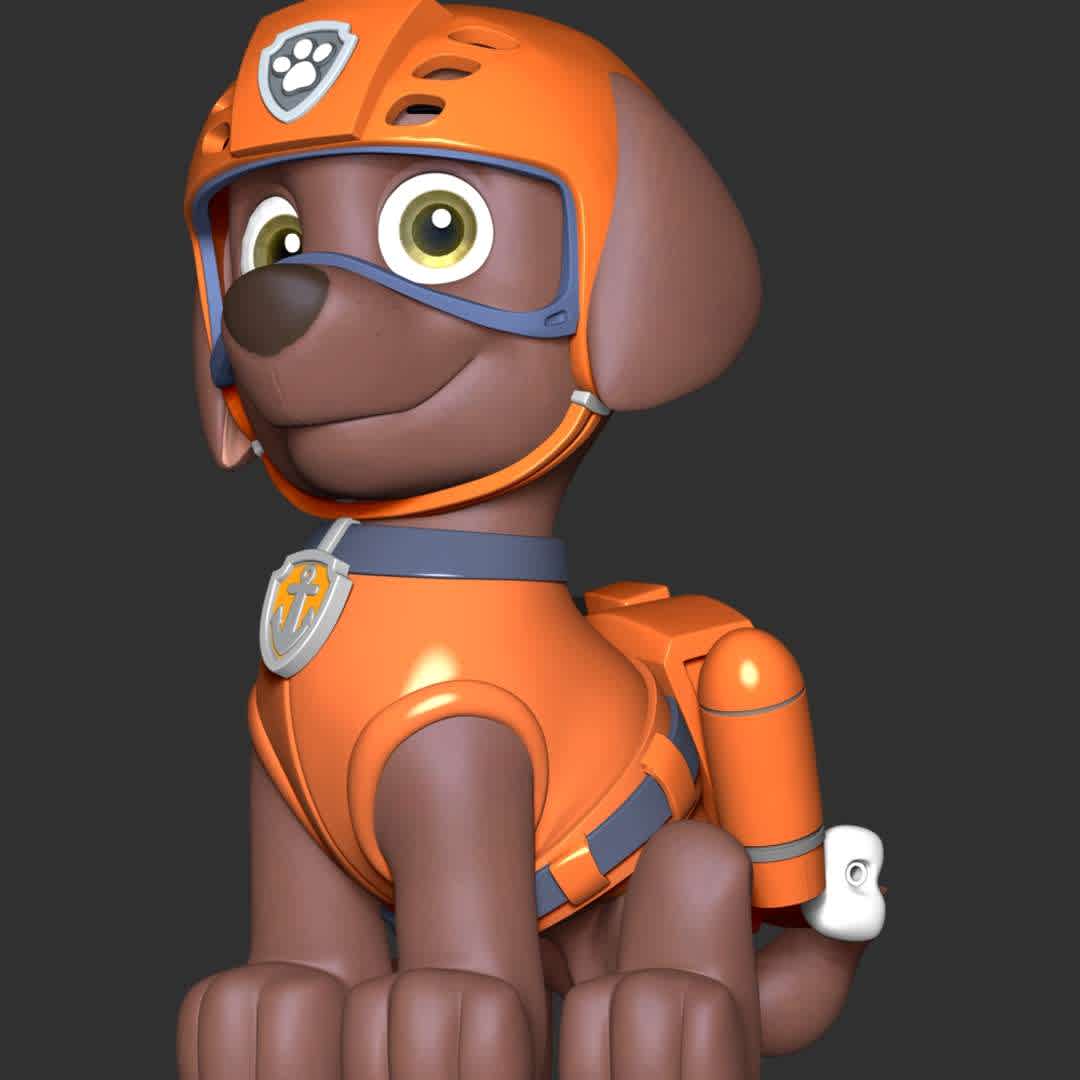 Zuma - Paw Patrol - These information of model:

**- The height of current model is 20 cm and you can free to scale it.**

**- Format files: STL, OBJ to supporting 3D printing.**

Please don't hesitate to contact me if you have any issues question. - The best files for 3D printing in the world. Stl models divided into parts to facilitate 3D printing. All kinds of characters, decoration, cosplay, prosthetics, pieces. Quality in 3D printing. Affordable 3D models. Low cost. Collective purchases of 3D files.