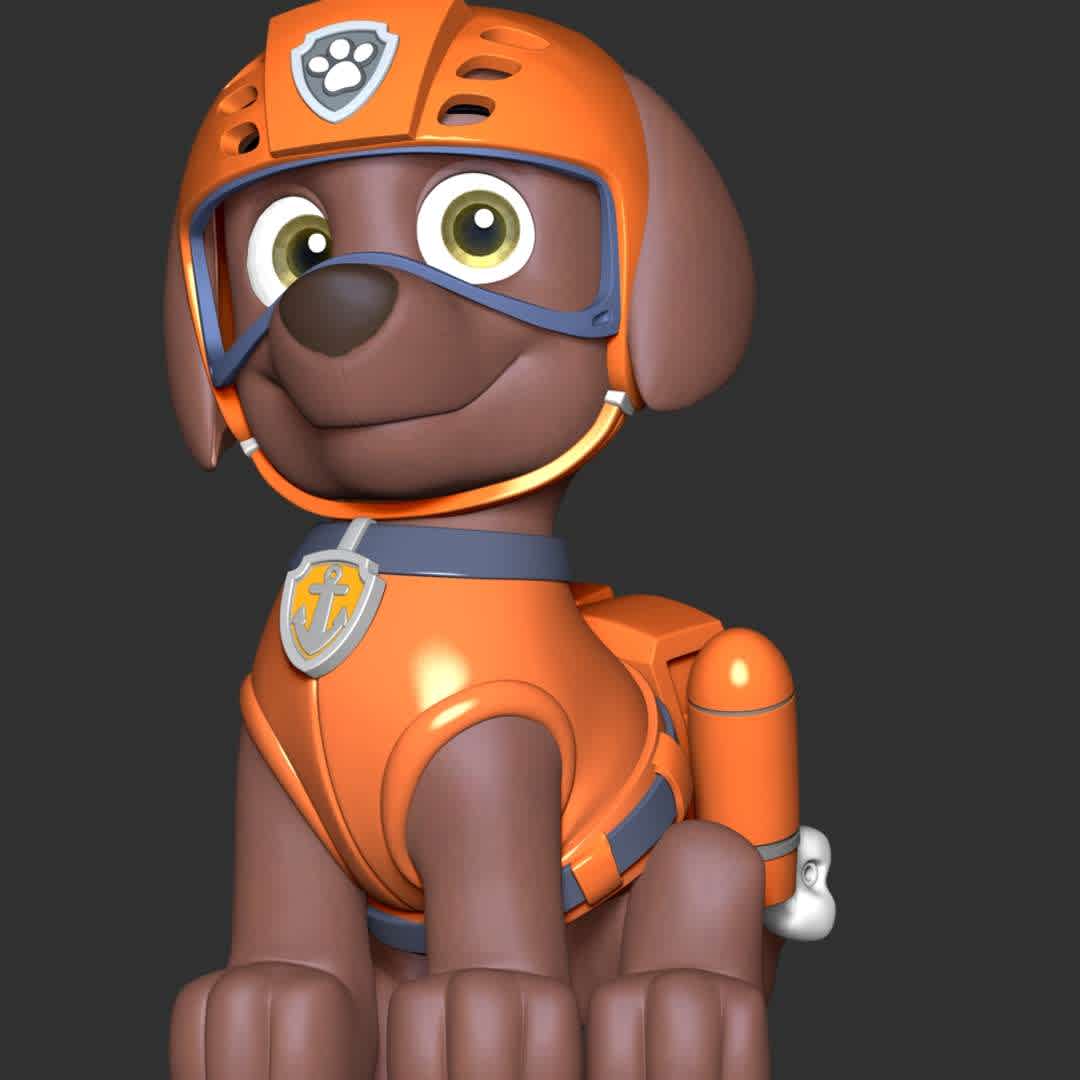 Zuma - Paw Patrol - These information of model:

**- The height of current model is 20 cm and you can free to scale it.**

**- Format files: STL, OBJ to supporting 3D printing.**

Please don't hesitate to contact me if you have any issues question. - The best files for 3D printing in the world. Stl models divided into parts to facilitate 3D printing. All kinds of characters, decoration, cosplay, prosthetics, pieces. Quality in 3D printing. Affordable 3D models. Low cost. Collective purchases of 3D files.