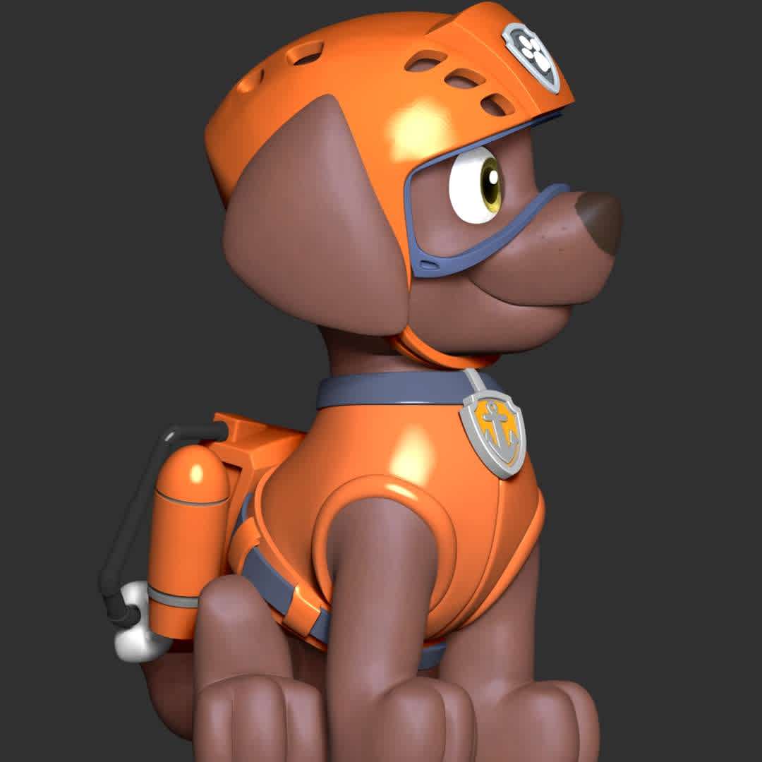 Zuma - Paw Patrol - These information of model:

**- The height of current model is 20 cm and you can free to scale it.**

**- Format files: STL, OBJ to supporting 3D printing.**

Please don't hesitate to contact me if you have any issues question. - The best files for 3D printing in the world. Stl models divided into parts to facilitate 3D printing. All kinds of characters, decoration, cosplay, prosthetics, pieces. Quality in 3D printing. Affordable 3D models. Low cost. Collective purchases of 3D files.