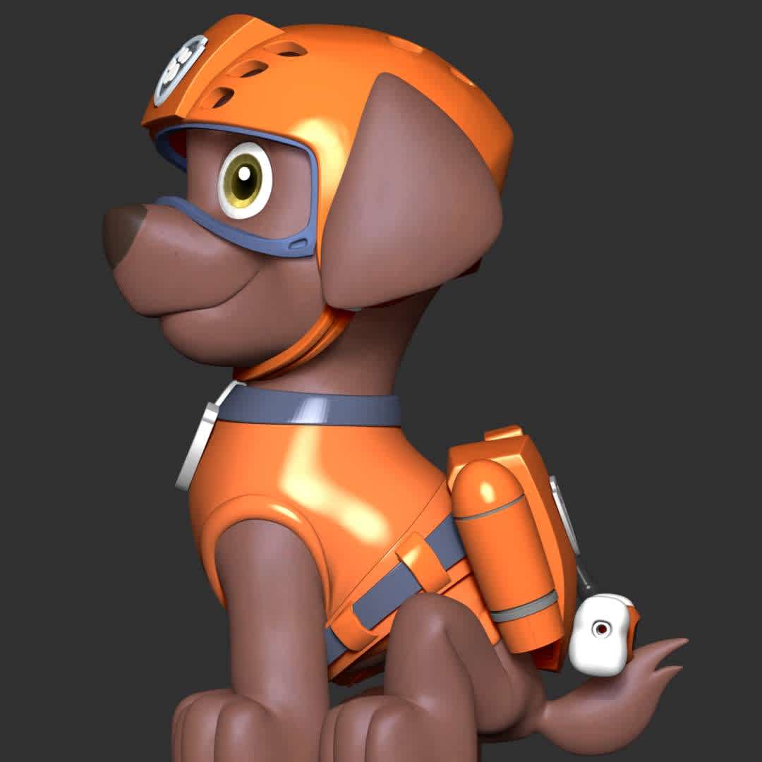 Zuma - Paw Patrol - These information of model:

**- The height of current model is 20 cm and you can free to scale it.**

**- Format files: STL, OBJ to supporting 3D printing.**

Please don't hesitate to contact me if you have any issues question. - The best files for 3D printing in the world. Stl models divided into parts to facilitate 3D printing. All kinds of characters, decoration, cosplay, prosthetics, pieces. Quality in 3D printing. Affordable 3D models. Low cost. Collective purchases of 3D files.