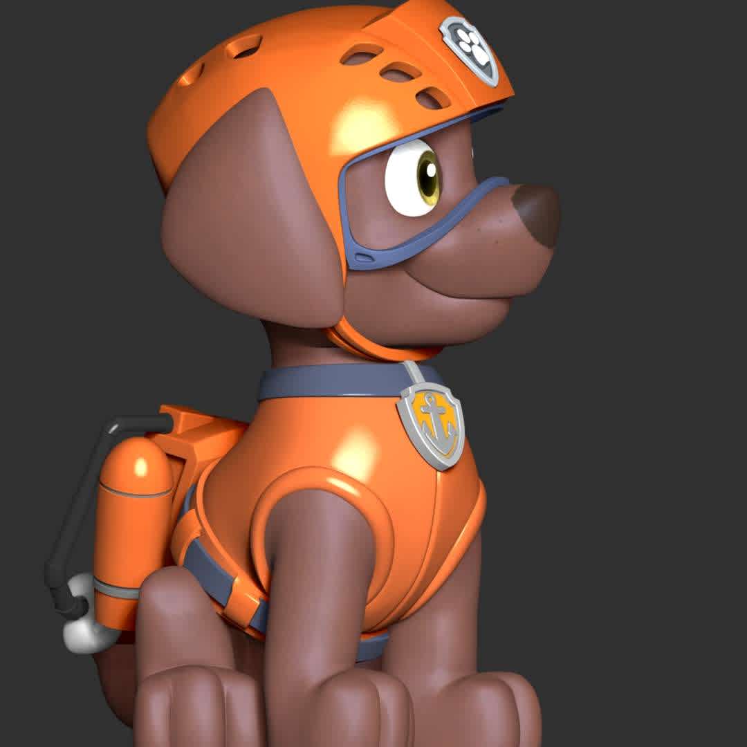 Zuma - Paw Patrol - These information of model:

**- The height of current model is 20 cm and you can free to scale it.**

**- Format files: STL, OBJ to supporting 3D printing.**

Please don't hesitate to contact me if you have any issues question. - The best files for 3D printing in the world. Stl models divided into parts to facilitate 3D printing. All kinds of characters, decoration, cosplay, prosthetics, pieces. Quality in 3D printing. Affordable 3D models. Low cost. Collective purchases of 3D files.