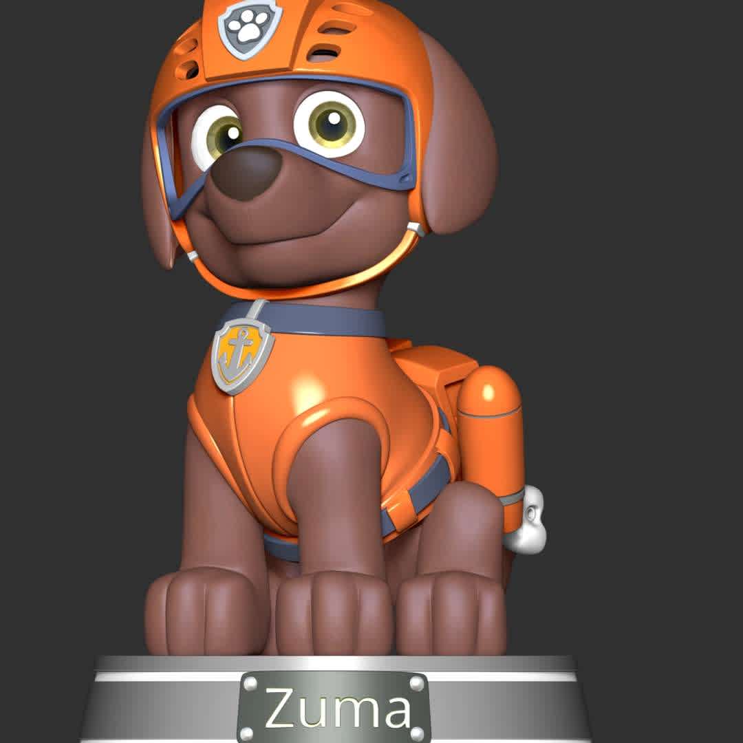 Zuma - Paw Patrol - These information of model:

**- The height of current model is 20 cm and you can free to scale it.**

**- Format files: STL, OBJ to supporting 3D printing.**

Please don't hesitate to contact me if you have any issues question. - The best files for 3D printing in the world. Stl models divided into parts to facilitate 3D printing. All kinds of characters, decoration, cosplay, prosthetics, pieces. Quality in 3D printing. Affordable 3D models. Low cost. Collective purchases of 3D files.