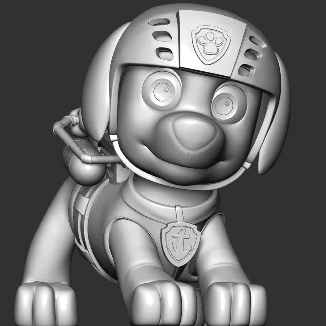 Zuma- Paw Patrol - Zuma is one of the main protagonists in the TV series PAW Patrol. He is a male Chocolate Labrador pup and the water rescuer of the PAW Patrol. His primary purpose is to rescue sea animals and people from underwater emergencies.

These information of this model:

 - Files format: STL, OBJ (included 04 separated files is ready for 3D printing). 
 - Zbrush original file (ZTL) for you to customize as you like.
 - The height is 20 cm
 - The version 1.0. 

The model ready for 3D printing.
Hope you like him.
Don't hesitate to contact me if there are any problems during printing the model. - The best files for 3D printing in the world. Stl models divided into parts to facilitate 3D printing. All kinds of characters, decoration, cosplay, prosthetics, pieces. Quality in 3D printing. Affordable 3D models. Low cost. Collective purchases of 3D files.