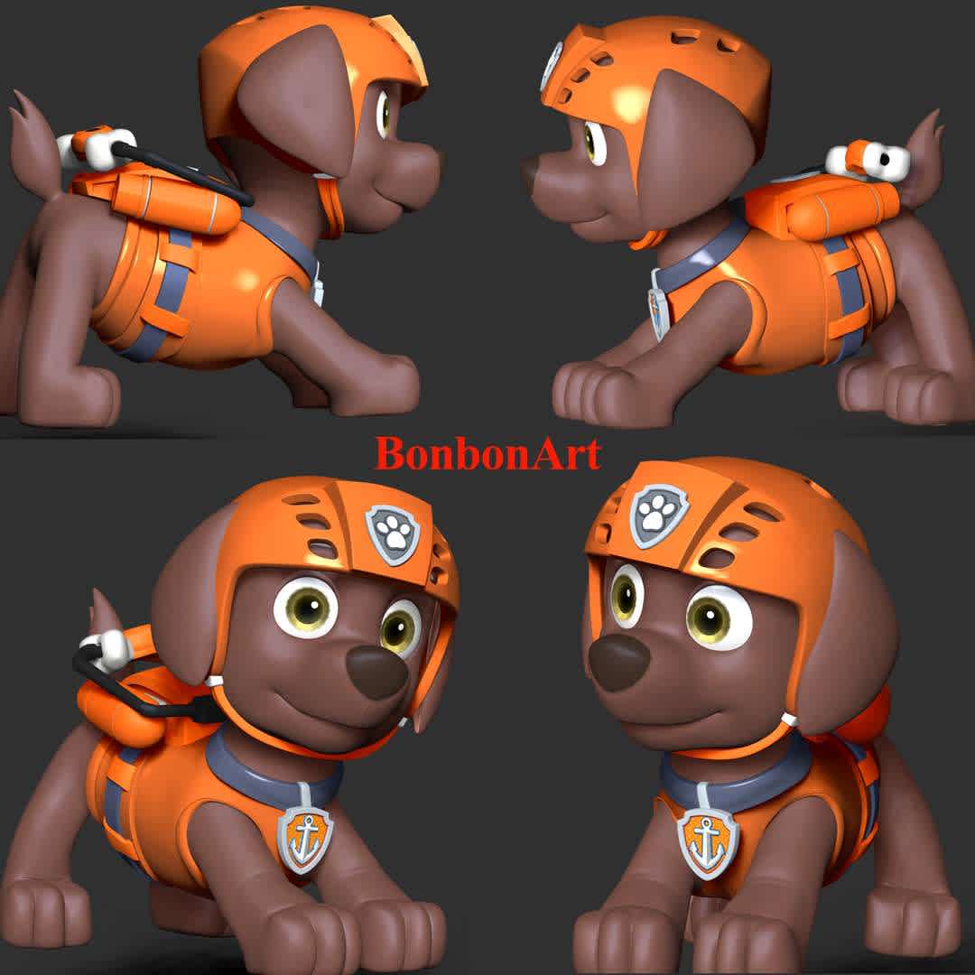 Zuma- Paw Patrol - Zuma is one of the main protagonists in the TV series PAW Patrol. He is a male Chocolate Labrador pup and the water rescuer of the PAW Patrol. His primary purpose is to rescue sea animals and people from underwater emergencies.

These information of this model:

 - Files format: STL, OBJ (included 04 separated files is ready for 3D printing). 
 - Zbrush original file (ZTL) for you to customize as you like.
 - The height is 20 cm
 - The version 1.0. 

The model ready for 3D printing.
Hope you like him.
Don't hesitate to contact me if there are any problems during printing the model. - The best files for 3D printing in the world. Stl models divided into parts to facilitate 3D printing. All kinds of characters, decoration, cosplay, prosthetics, pieces. Quality in 3D printing. Affordable 3D models. Low cost. Collective purchases of 3D files.