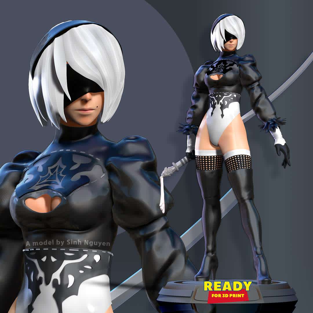 2B - Nier Automata new version - Even though I've made a lot of 2B models, I still get excited every time I make a new version of her.

Basic parameters:

- STL, OBJ format for 3D printing with 7 discrete objects
- ZTL format for Zbrush (version 2019.1.2 or later)
- Model height: 40cm
- Version 1.0 - Polygons: 2461828 & Vertices: 1343933

Model ready for 3D printing.

Please vote positively for me if you find this model useful. - The best files for 3D printing in the world. Stl models divided into parts to facilitate 3D printing. All kinds of characters, decoration, cosplay, prosthetics, pieces. Quality in 3D printing. Affordable 3D models. Low cost. Collective purchases of 3D files.