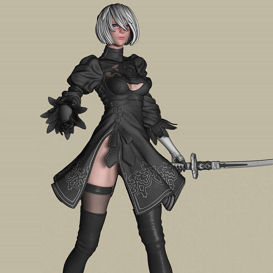 2B-Nier Automata (YoRHa No.2 Type B) - 2B Statue for 3D Printing.
Comes with various interchangeable parts, such as: 2 different heads and 2 different clothing options.
Also it comes with 2B's signature sword, Virtuous Contract.
The height is about 40 cm (15.7 inches)
All the clothes and accesories have a high level of detail and are textured as fabric, leather, plastic, steel, etc.

 - The best files for 3D printing in the world. Stl models divided into parts to facilitate 3D printing. All kinds of characters, decoration, cosplay, prosthetics, pieces. Quality in 3D printing. Affordable 3D models. Low cost. Collective purchases of 3D files.