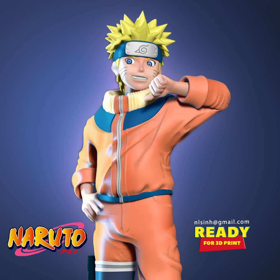 Naruto Fan art - > Naruto (Japanese: NARUTOナルト) is a Japanese manga series written and illustrated by Masashi Kishimoto.

When you purchase this model, you will own:

**- STL, OBJ file with 09 separated files (with key to connect together) is ready for 3D printing.**

**- Zbrush original files (ZTL) for you to customize as you like.**

_This is version 1.0 of this model._

Hope you like him. Thanks for viewing! - The best files for 3D printing in the world. Stl models divided into parts to facilitate 3D printing. All kinds of characters, decoration, cosplay, prosthetics, pieces. Quality in 3D printing. Affordable 3D models. Low cost. Collective purchases of 3D files.