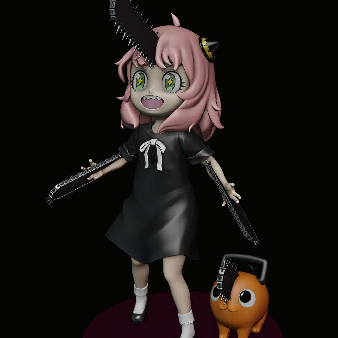 ANYA FORGER AND POCHITA - SPY X FAMILY - CHAINSAW MAN - this is my fan art crossover of Anya and Pochita
i still will make more versions of Anya and crossover from her.
hope u like it,and thanks to support me! (^-^)/

3D model size Pochita:X 28.3mm x Y 57.6mm x Z 51mm
3D model size Anya:X 95.5mm x Y 75.5mm x Z 160mm
3D model size all parts with base:X 108mm x Y 108mm x Z 182mm - The best files for 3D printing in the world. Stl models divided into parts to facilitate 3D printing. All kinds of characters, decoration, cosplay, prosthetics, pieces. Quality in 3D printing. Affordable 3D models. Low cost. Collective purchases of 3D files.