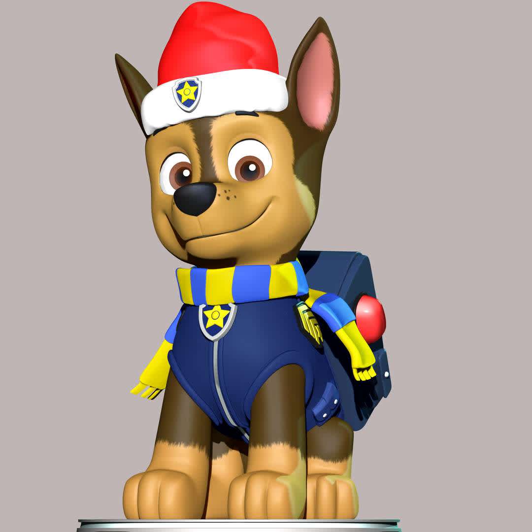 Chase Christmas - Paw Patrol - **Let's celebrate Christmas with Chase Paw Patrol**

These information of model:

**- The height of current model is 20 cm and you can free to scale it.**

**- Format files: STL, OBJ to supporting 3D printing.**

Please don't hesitate to contact me if you have any issues question. - Os melhores arquivos para impressão 3D do mundo. Modelos stl divididos em partes para facilitar a impressão 3D. Todos os tipos de personagens, decoração, cosplay, próteses, peças. Qualidade na impressão 3D. Modelos 3D com preço acessível. Baixo custo. Compras coletivas de arquivos 3D.