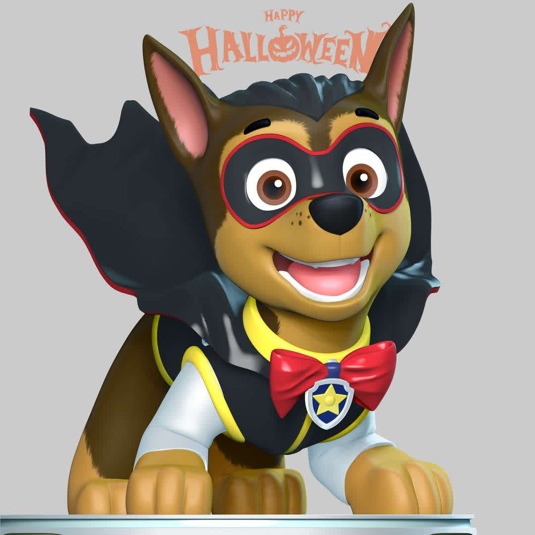 Chase Halloween - Paw Patrol - These information of model:

**- The height of current model is 20 cm and you can free to scale it.**

**- Format files: STL, OBJ to supporting 3D printing.**

Please don't hesitate to contact me if you have any issues question. - The best files for 3D printing in the world. Stl models divided into parts to facilitate 3D printing. All kinds of characters, decoration, cosplay, prosthetics, pieces. Quality in 3D printing. Affordable 3D models. Low cost. Collective purchases of 3D files.