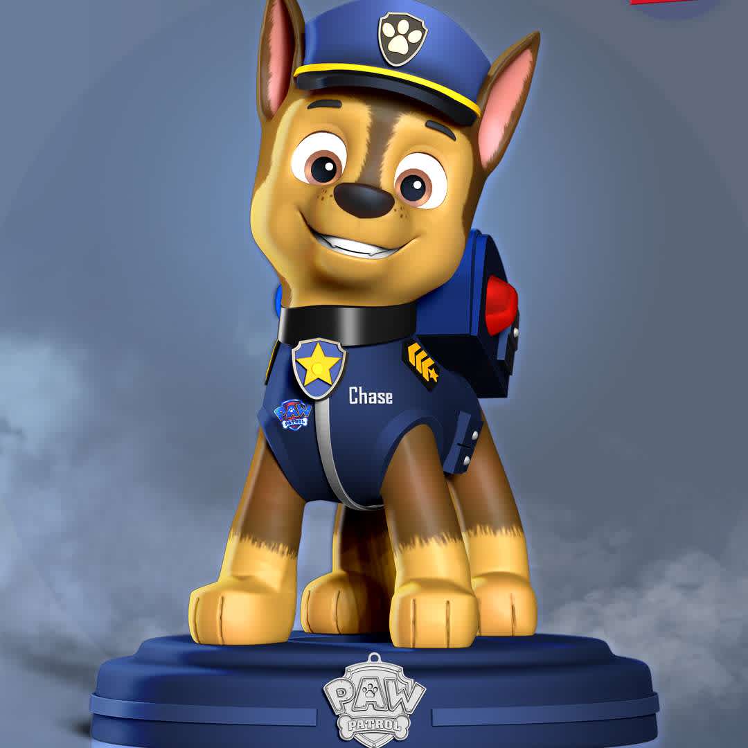 Chase - Paw Patrol The Movie - This August we will see the Paw Patrol dogs again at the cinemas.

When you purchase this model, you will own:

- STL, OBJ file with 06 separated files (with key to connect together) is ready for 3D printing.

- Zbrush original files (ZTL) for you to customize as you like.

This is version 1.0 of this model.

Hope you like him. Thanks for viewing! - The best files for 3D printing in the world. Stl models divided into parts to facilitate 3D printing. All kinds of characters, decoration, cosplay, prosthetics, pieces. Quality in 3D printing. Affordable 3D models. Low cost. Collective purchases of 3D files.