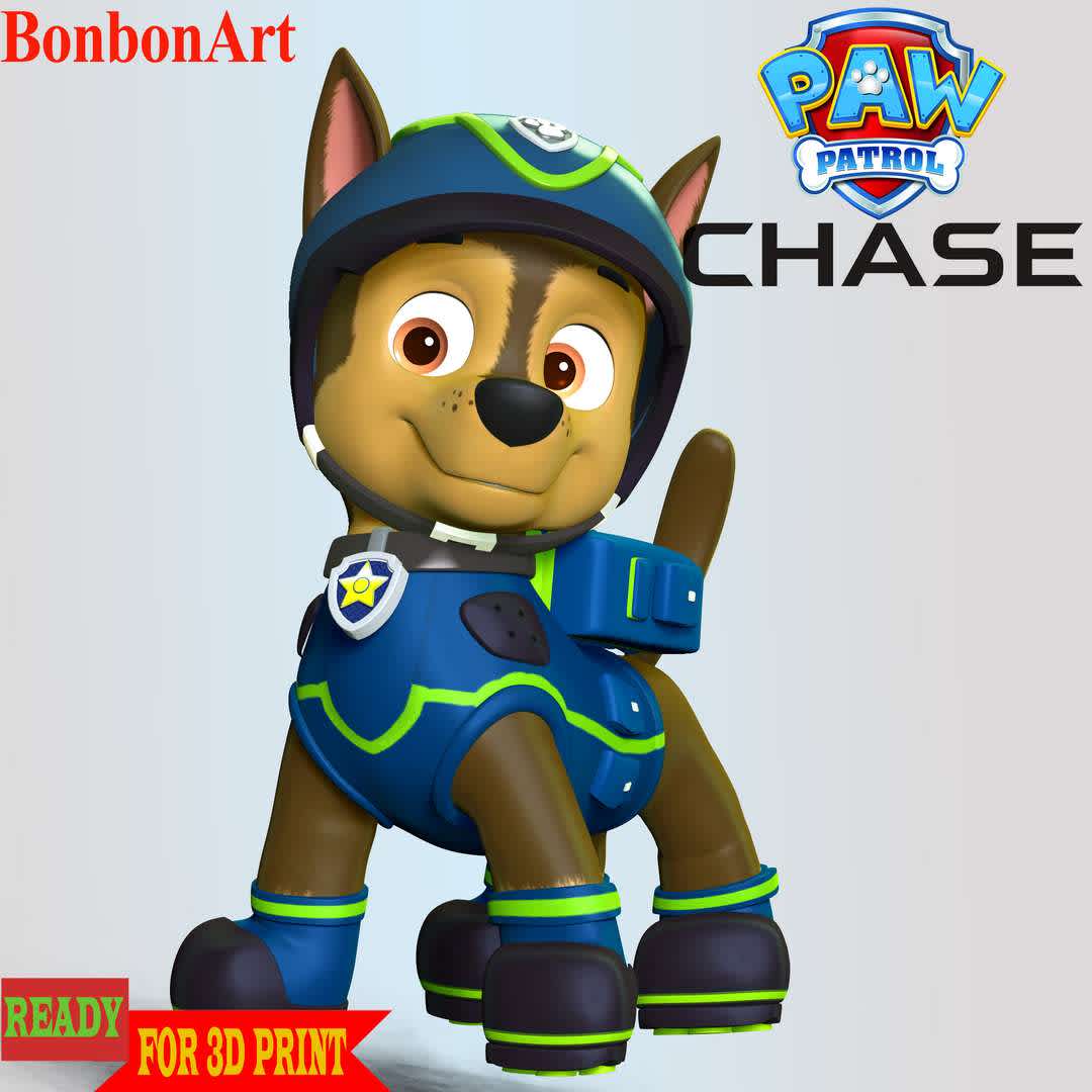 Chase Spy - **Chase is one of the seven main protagonists in the PAW Patrol series. He is a German Shepherd puppy and the 2nd member of the PAW Patrol. He is a police and traffic cop dog and a super spy police dog as of Season 2. **

**These informations basic of this model:**

- The model ready for 3D printing.
- The model current size is 20cm height, but you are free to scale it.
- Files format: STL, OBJ (included 02 separated files is ready for 3D printing).
- Also includes Zbrush original file (ZTL) for you to customize as you like.

Hope you like it.
If you have any questions please don't hesitate to contact me. I will respond you ASAP. - Los mejores archivos para impresión 3D del mundo. Modelos Stl divididos en partes para facilitar la impresión 3D. Todo tipo de personajes, decoración, cosplay, prótesis, piezas. Calidad en impresión 3D. Modelos 3D asequibles. Bajo costo. Compras colectivas de archivos 3D.