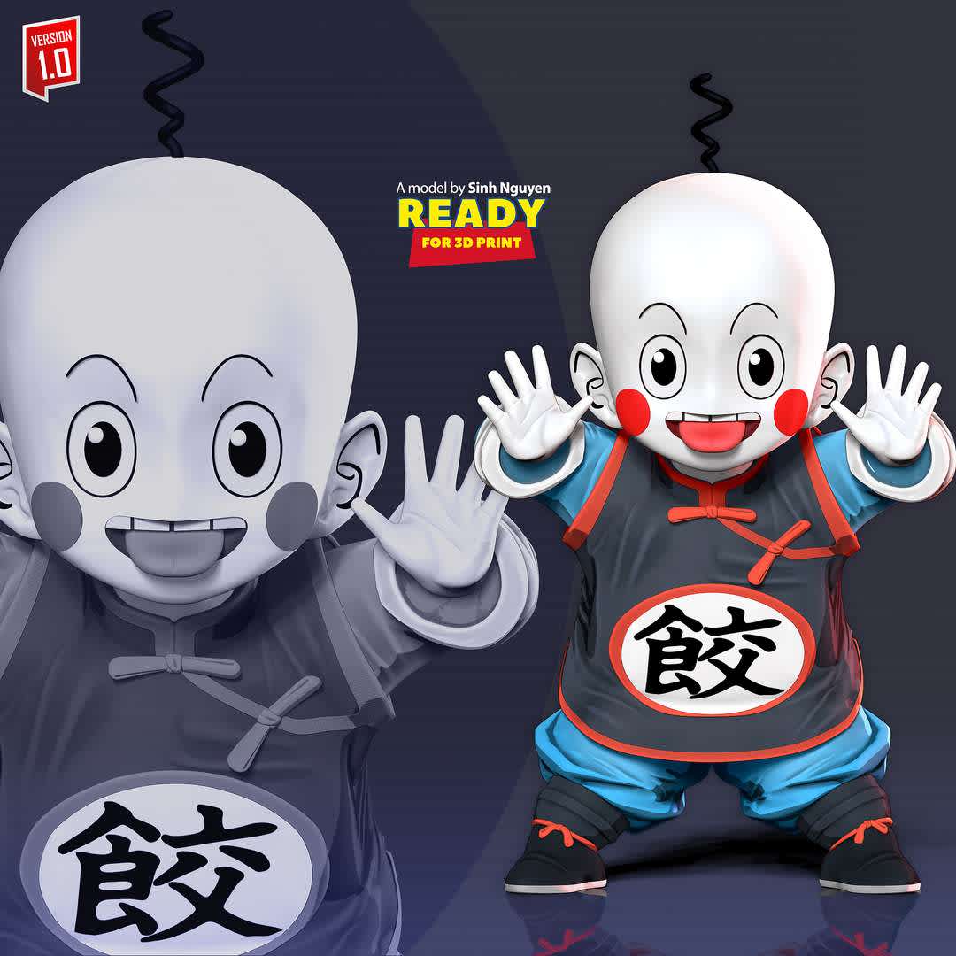 Chiaotzu - Dragon Ball fanart  - "Chiaotzu is an Earthling who possesses a few different traits than most, such as plain white skin and red cheeks."

Basic parameters:

- STL format for 3D printing with 05 discrete objects
- Model height: 15cm
- Version 1.0: Polygons: 1789828 & Vertices: 939886
Model ready for 3D printing.

Please vote positively for me if you find this model useful. - The best files for 3D printing in the world. Stl models divided into parts to facilitate 3D printing. All kinds of characters, decoration, cosplay, prosthetics, pieces. Quality in 3D printing. Affordable 3D models. Low cost. Collective purchases of 3D files.