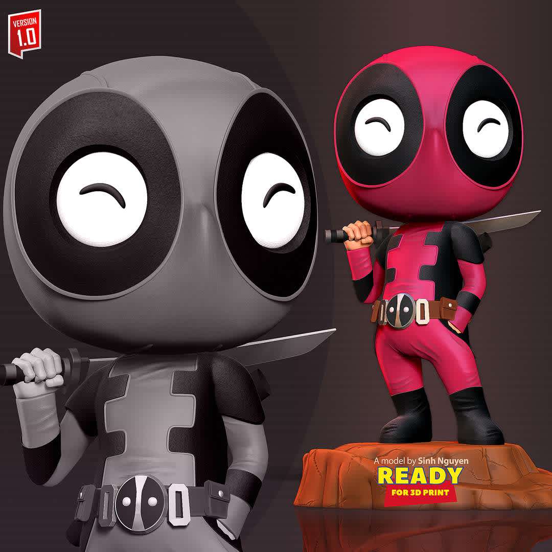 Chibipool - "Chibipool was among many who came to the rescue of the Deadpool of Earth-616 and Pandapool as the new recruits of the Deadpool Corps."

Basic parameters:

- STL format for 3D printing with 07 discrete objects
- Model height: 15cm
- Version 1.0: Polygons: 1919721 & Vertices: 1157629

Model ready for 3D printing.

Please vote positively for me if you find this model useful. - The best files for 3D printing in the world. Stl models divided into parts to facilitate 3D printing. All kinds of characters, decoration, cosplay, prosthetics, pieces. Quality in 3D printing. Affordable 3D models. Low cost. Collective purchases of 3D files.
