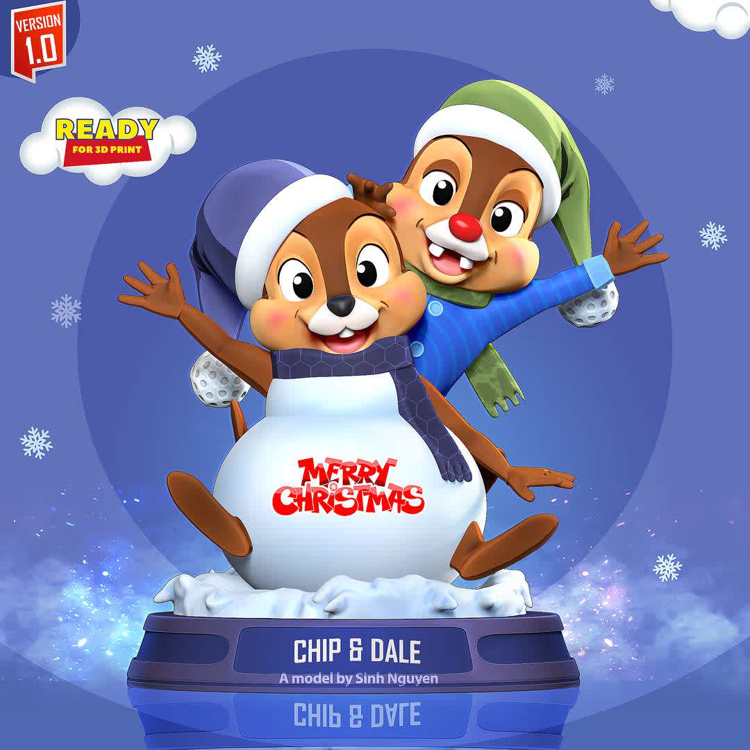 Chip and Dale - Merry Christmas - "Do you know Chip and Dale? These two squirrels are associated with comics, cartoons and the NES game console that I was passionate about as a child."

Basic parameters:

- STL format for 3D printing with 02 discrete objects
- Model height: 20cm
- Version 1.0: Polygons: 1245096 & Vertices: 651678

Model ready for 3D printing.

Please vote positively for me if you find this model useful. - Os melhores arquivos para impressão 3D do mundo. Modelos stl divididos em partes para facilitar a impressão 3D. Todos os tipos de personagens, decoração, cosplay, próteses, peças. Qualidade na impressão 3D. Modelos 3D com preço acessível. Baixo custo. Compras coletivas de arquivos 3D.