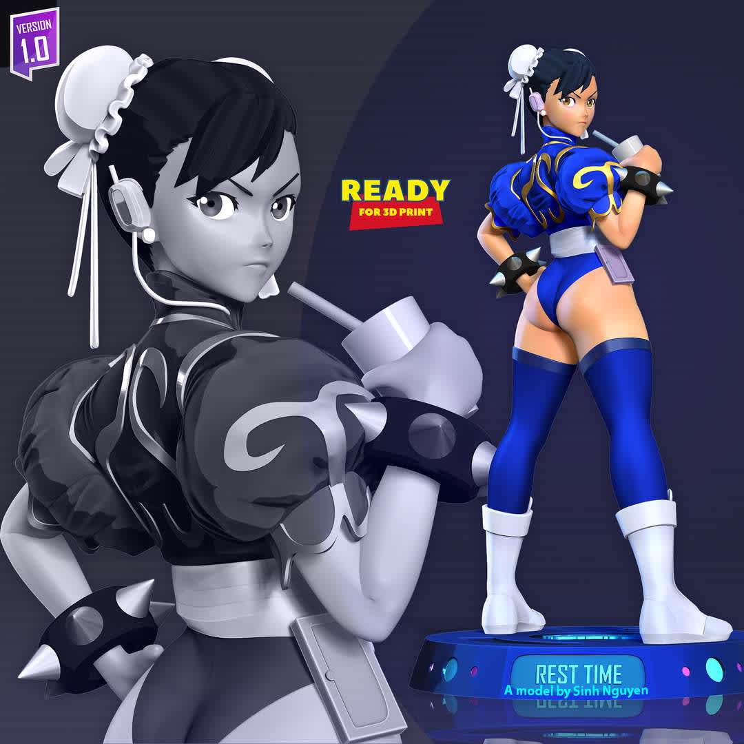 Chun-Li - Street Fighter Fanart - "This is Chun-Li's favorite time after fights."

Basic parameters:

- STL format for 3D printing with 07 discrete objects
- Model height: 20cm
- Version 1.0: Polygons: 2361785 & Vertices: 1393750

Model ready for 3D printing.

Please vote positively for me if you find this model useful. - The best files for 3D printing in the world. Stl models divided into parts to facilitate 3D printing. All kinds of characters, decoration, cosplay, prosthetics, pieces. Quality in 3D printing. Affordable 3D models. Low cost. Collective purchases of 3D files.