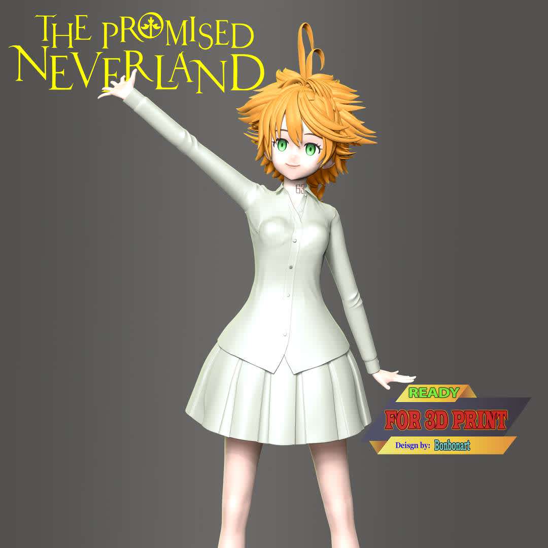 Emma - The Promised Neverland - This model has a height of 15 cm.

When you purchase this model, you will own:

 - STL, OBJ file with 05 separated files (included key to connect parts) is ready for 3D printing.
 - Zbrush original files (ZTL) for you to customize as you like.

This is version 1.0 of this model.

Thanks for viewing! Hope you like her.  - The best files for 3D printing in the world. Stl models divided into parts to facilitate 3D printing. All kinds of characters, decoration, cosplay, prosthetics, pieces. Quality in 3D printing. Affordable 3D models. Low cost. Collective purchases of 3D files.