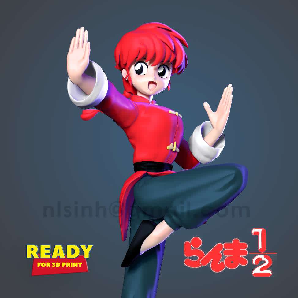 Ranma - > Ranma ½ (らんま½ Ranma Nibun-no-Ichi?, pronounced Ranma One-Half) is a Japanese manga series written and illustrated by Rumiko Takahashi. It was originally serialized in Shogakukan's Weekly Shōnen Sunday from September 1987 to March 1996, and later collected into 38 tankōbon volumes. - _Wikipedia_

When you purchase this model, you will own:

**- OBJ, STL files with 11 parts are ready for 3D printing**

**- Zbrush original files (ZTL) for you to customize as you like.**

_This is version 1.0 of this model._

Thanks so much for viewing my model!

Hope you guys like her :) - Os melhores arquivos para impressão 3D do mundo. Modelos stl divididos em partes para facilitar a impressão 3D. Todos os tipos de personagens, decoração, cosplay, próteses, peças. Qualidade na impressão 3D. Modelos 3D com preço acessível. Baixo custo. Compras coletivas de arquivos 3D.