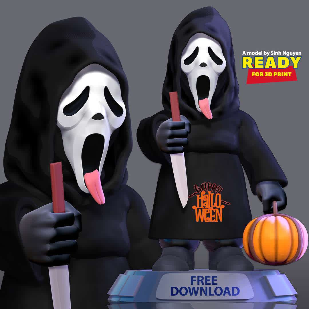 Ghostface - Let's go hunting this Halloween season :)))

Basic parameters:

- STL, OBJ format for 3D printing with 5 discrete objects
- ZTL format for Zbrush (version 2019.1.2 or later)
- Model height: 15cm
- Version 1.0 - Polygons: 817538 & Vertices: 475429

Model ready for 3D printing.

Please vote positively for me if you find this model useful. - The best files for 3D printing in the world. Stl models divided into parts to facilitate 3D printing. All kinds of characters, decoration, cosplay, prosthetics, pieces. Quality in 3D printing. Affordable 3D models. Low cost. Collective purchases of 3D files.