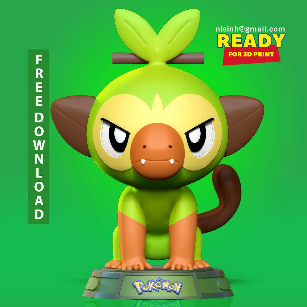 Grookey - Pokemon Fanart - Grookey is a small, monkey-like Pokémon with a green body, a brown tail, brown, wedge-shaped ears, orange hands and feet, and an orange snout.

When you purchase this model, you will own:

- STL, OBJ file with 05 separated files (with key to connect together) is ready for 3D printing.

- Zbrush original files (ZTL) for you to customize as you like.

This is version 1.0 of this model.

Hope you like him. Thanks for viewing! - The best files for 3D printing in the world. Stl models divided into parts to facilitate 3D printing. All kinds of characters, decoration, cosplay, prosthetics, pieces. Quality in 3D printing. Affordable 3D models. Low cost. Collective purchases of 3D files.