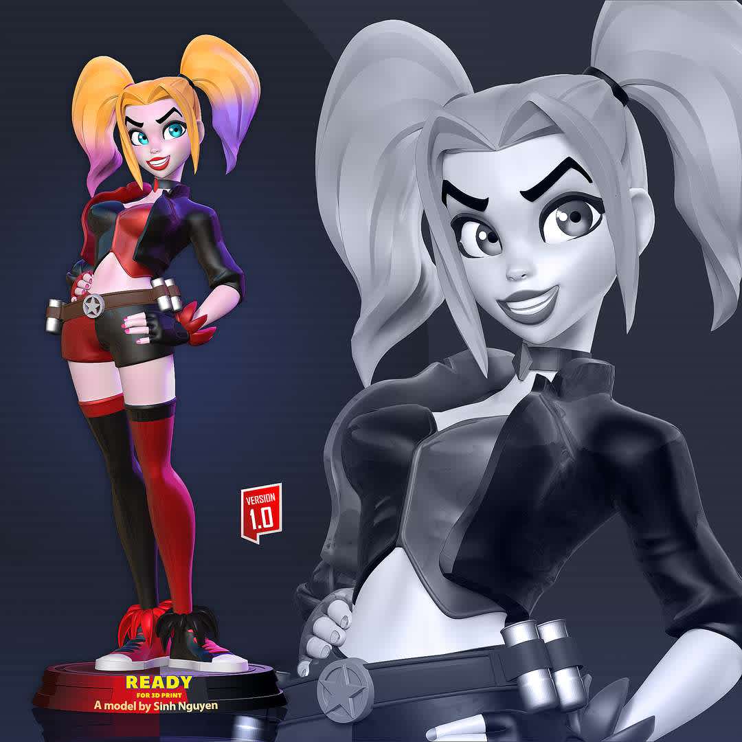 Harley Quinn Stylized - "This model for Fanart."

Basic parameters:

- STL, OBJ format for 3D printing with 08 discrete objects
- ZTL format for Zbrush (version 2002.0.2 or later)
- Model height: 25cm
- Version 1.0: Polygons: 1944258 & Vertices: 1027214

Model ready for 3D printing.

Please vote positively for me if you find this model useful. - The best files for 3D printing in the world. Stl models divided into parts to facilitate 3D printing. All kinds of characters, decoration, cosplay, prosthetics, pieces. Quality in 3D printing. Affordable 3D models. Low cost. Collective purchases of 3D files.