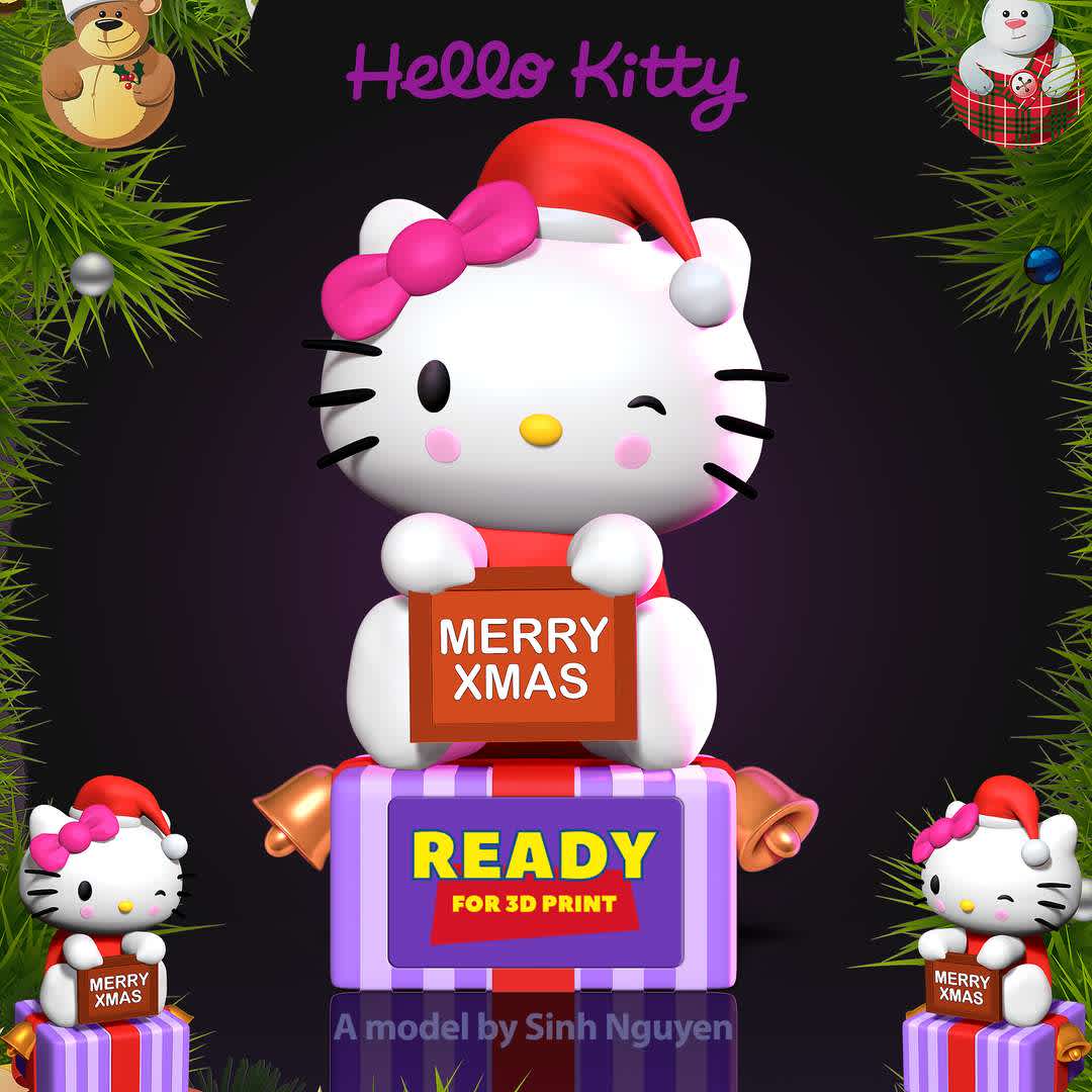 Hello Kitty - Merry Christmas - Merry Christmas everyone and good luck in the new year!

Basic parameters:

- STL, OBJ format for 3D printing with 3 discrete objects
- ZTL format for Zbrush (version 2019.1.2 or later)
- Model height: 15cm
- Version 1.0 - Polygons: 882577 & Vertices: 543074

Model ready for 3D printing.

Please vote positively for me if you find this model useful. - Os melhores arquivos para impressão 3D do mundo. Modelos stl divididos em partes para facilitar a impressão 3D. Todos os tipos de personagens, decoração, cosplay, próteses, peças. Qualidade na impressão 3D. Modelos 3D com preço acessível. Baixo custo. Compras coletivas de arquivos 3D.