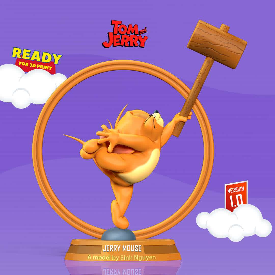 Jerry Mouse - "Gerald Jinx Jerry Mouse is a fictional character and one of the two titular characters in Metro-Goldwyn-Mayer's series of Tom and Jerry."

Basic parameters:

- STL, OBJ format for 3D printing with 03 discrete objects
- ZTL format for Zbrush (version 2019.1.2 or later)
- Model height: 18cm
- Version 1.0 - Polygons: 684131 & Vertices: 360498

Model ready for 3D printing.

Please vote positively for me if you find this model useful. - The best files for 3D printing in the world. Stl models divided into parts to facilitate 3D printing. All kinds of characters, decoration, cosplay, prosthetics, pieces. Quality in 3D printing. Affordable 3D models. Low cost. Collective purchases of 3D files.