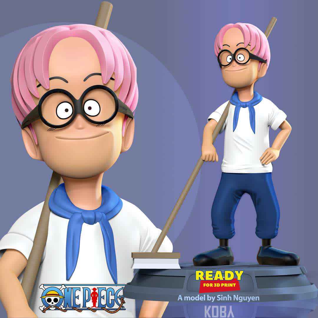 Kid Koby - One Piece Fanart  - In his first appearance, Koby was a small, timid, chubby boy with pink hair and round-frame glasses

Basic parameters:

- STL, OBJ format for 3D printing with 04 discrete objects
- ZTL format for Zbrush (version 2019.1.2 or later)
- Model height: 20cm
- Version 1.0 - Polygons: 1090412 & Vertices: 722766
Model ready for 3D printing.

Hope you like him. Thanks for viewing! - The best files for 3D printing in the world. Stl models divided into parts to facilitate 3D printing. All kinds of characters, decoration, cosplay, prosthetics, pieces. Quality in 3D printing. Affordable 3D models. Low cost. Collective purchases of 3D files.