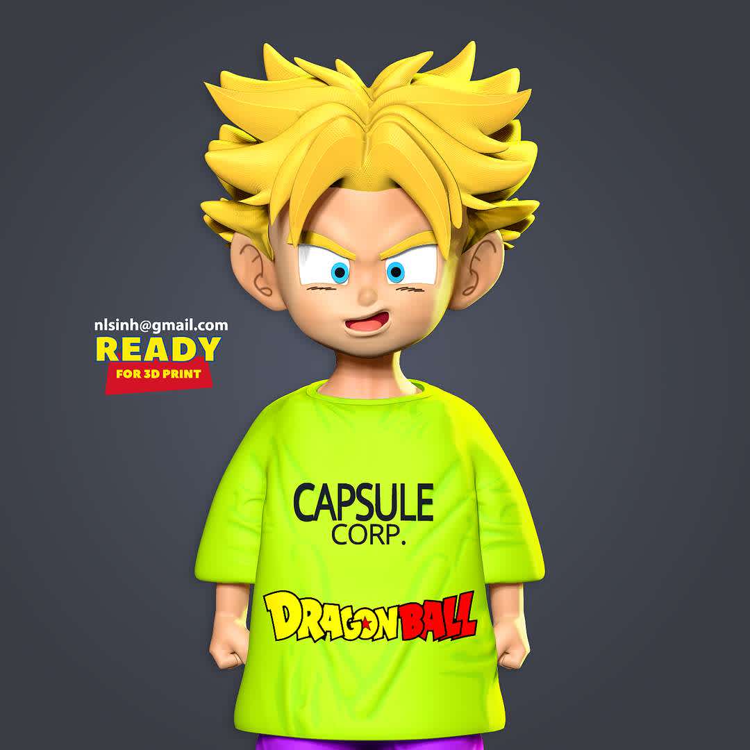 Kid Trunks - Dragon Ball  - Trunks (トランクス, Torankusu) is a Human/Saiyan hybrid, the firstborn child and only son of Vegeta and Bulma and the elder brother of Bulla.

When you purchase this model, you will own:

-STL, OBJ file with 07 separated files (with key to connect together) is ready for 3D printing.

-Zbrush original files (ZTL) for you to customize as you like.

This is version 1.0 of this model.

Hope you like him. Thanks for viewing! - Os melhores arquivos para impressão 3D do mundo. Modelos stl divididos em partes para facilitar a impressão 3D. Todos os tipos de personagens, decoração, cosplay, próteses, peças. Qualidade na impressão 3D. Modelos 3D com preço acessível. Baixo custo. Compras coletivas de arquivos 3D.