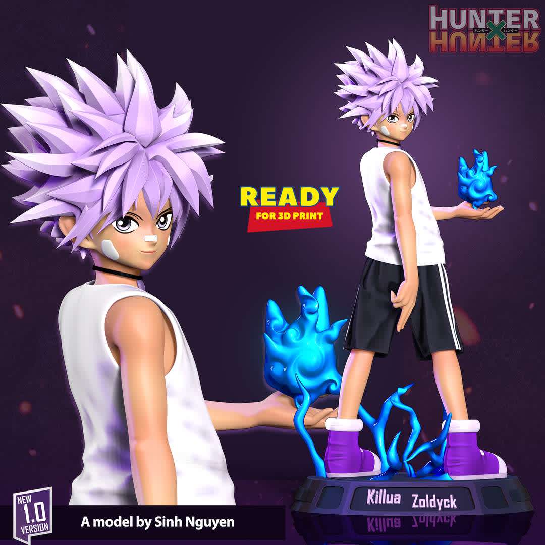 Killua Zoldyck - Version 01: https://co3d.art/m/killua-zoldyck-hunter-x-hunter-fanart

Basic parameters:

- STL, OBJ format for 3D printing with 05 discrete objects
- ZTL format for Zbrush (version 2019.1.2 or later)
- Model height: 25cm
- Version 1.0 - Polygons: 1642661 & Vertices: 1072028

Model ready for 3D printing.

Please vote positively for me if you find this model useful. - The best files for 3D printing in the world. Stl models divided into parts to facilitate 3D printing. All kinds of characters, decoration, cosplay, prosthetics, pieces. Quality in 3D printing. Affordable 3D models. Low cost. Collective purchases of 3D files.