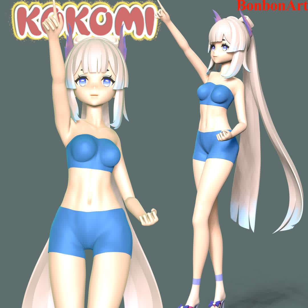 Kokomi - Genshin Impact - Sangonomiya Kokomi is a playable Hydro character in Genshin Impact.

These information of this model:

 - Files format: STL, OBJ (included 04 separated files is ready for 3D printing). 
 - Zbrush original file (ZTL) for you to customize as you like.
 - The height is 20 cm
 - The version 1.0. 

The model ready for 3D printing.
Hope you like her.
Don't hesitate to contact me if there are any problems during printing the model - The best files for 3D printing in the world. Stl models divided into parts to facilitate 3D printing. All kinds of characters, decoration, cosplay, prosthetics, pieces. Quality in 3D printing. Affordable 3D models. Low cost. Collective purchases of 3D files.