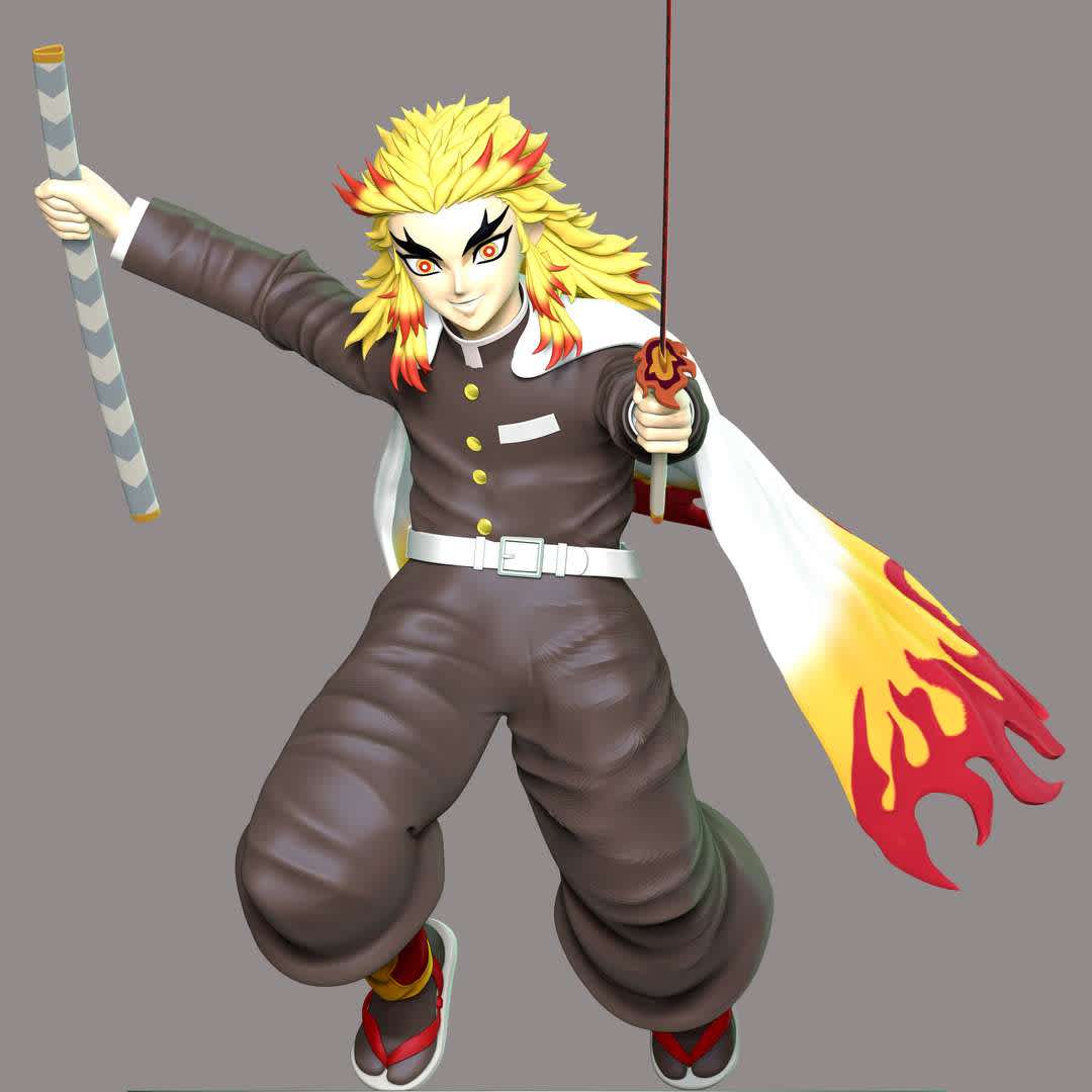 Kyojuro Rengoku - Kimetsu no Yaiba - **Kyojuro Rengokuwas a major supporting character of Demon Slayer: Kimetsu no Yaiba and a major character in the Mugen Train Arc.**

**The model ready for 3D printing.**

These information of model:

**- Format files: STL, OBJ to supporting 3D printing.**

**- Can be assembled without glue (glue is optional)**

**- Split down to 6 parts**

**- The height of current model is 20 cm and you can free to scale it.**

**- ZTL format for Zbrush for you to customize as you like.**

Please don't hesitate to contact me if you have any issues question.

If you see this model useful, please vote positively for it. - Los mejores archivos para impresión 3D del mundo. Modelos Stl divididos en partes para facilitar la impresión 3D. Todo tipo de personajes, decoración, cosplay, prótesis, piezas. Calidad en impresión 3D. Modelos 3D asequibles. Bajo costo. Compras colectivas de archivos 3D.