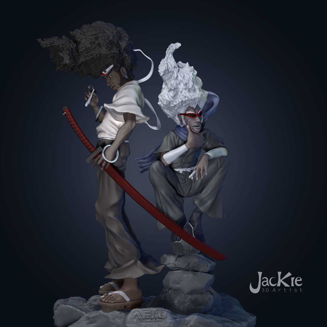 Afro Samurai - Sculpture of Afro Samurai and his ninja companion - The best files for 3D printing in the world. Stl models divided into parts to facilitate 3D printing. All kinds of characters, decoration, cosplay, prosthetics, pieces. Quality in 3D printing. Affordable 3D models. Low cost. Collective purchases of 3D files.