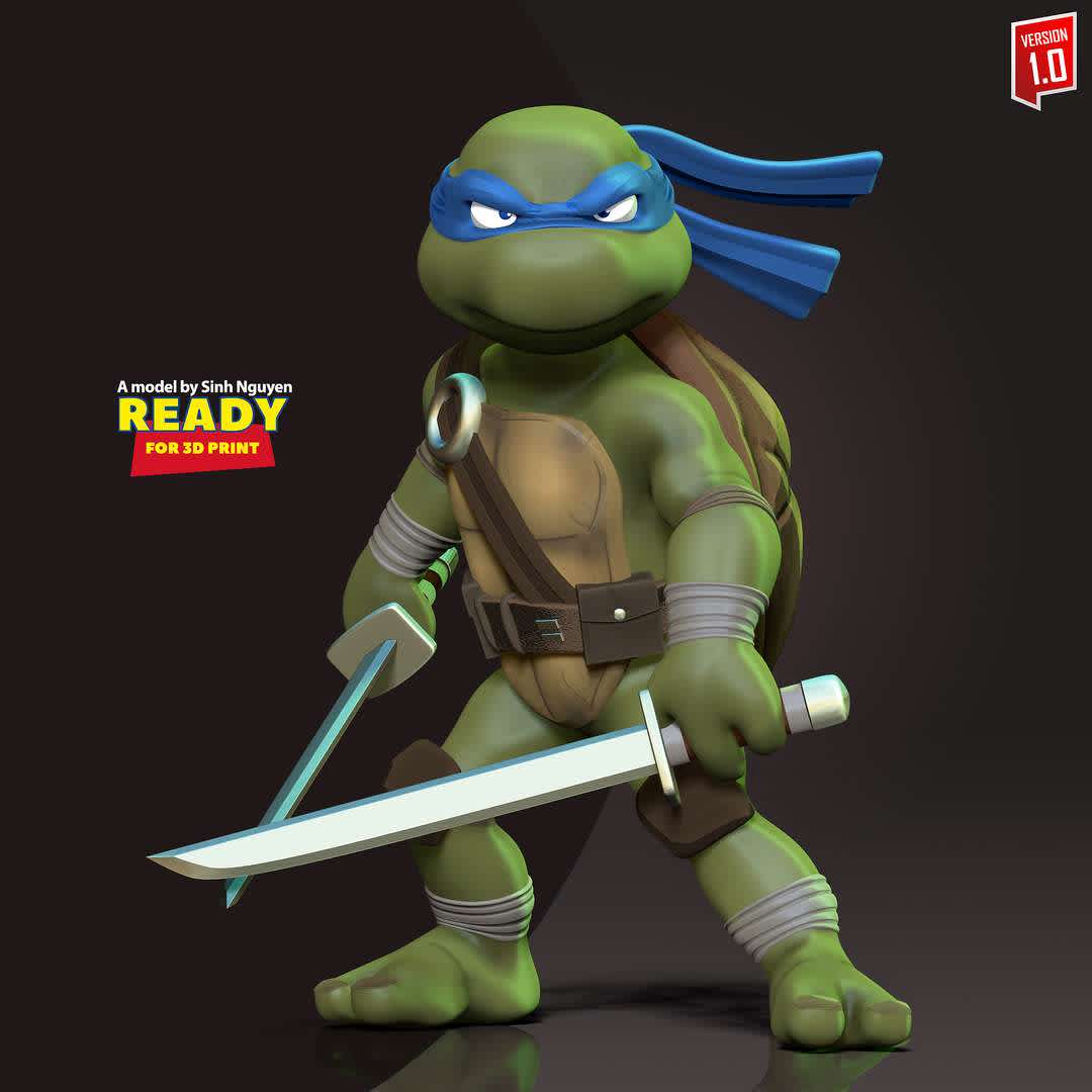 Leonardo - Teenage Mutant Ninja Turtles - "Leonardo, commonly nicknamed Leo, is a superhero appearing in Teenage Mutant Ninja Turtles comics."

Basic parameters:

- STL format for 3D printing with 06 discrete objects
- Model height: 18cm
- Version 1.0: Polygons: 1938849 & Vertices: 985551

Model ready for 3D printing.

Please vote positively for me if you find this model useful. - The best files for 3D printing in the world. Stl models divided into parts to facilitate 3D printing. All kinds of characters, decoration, cosplay, prosthetics, pieces. Quality in 3D printing. Affordable 3D models. Low cost. Collective purchases of 3D files.